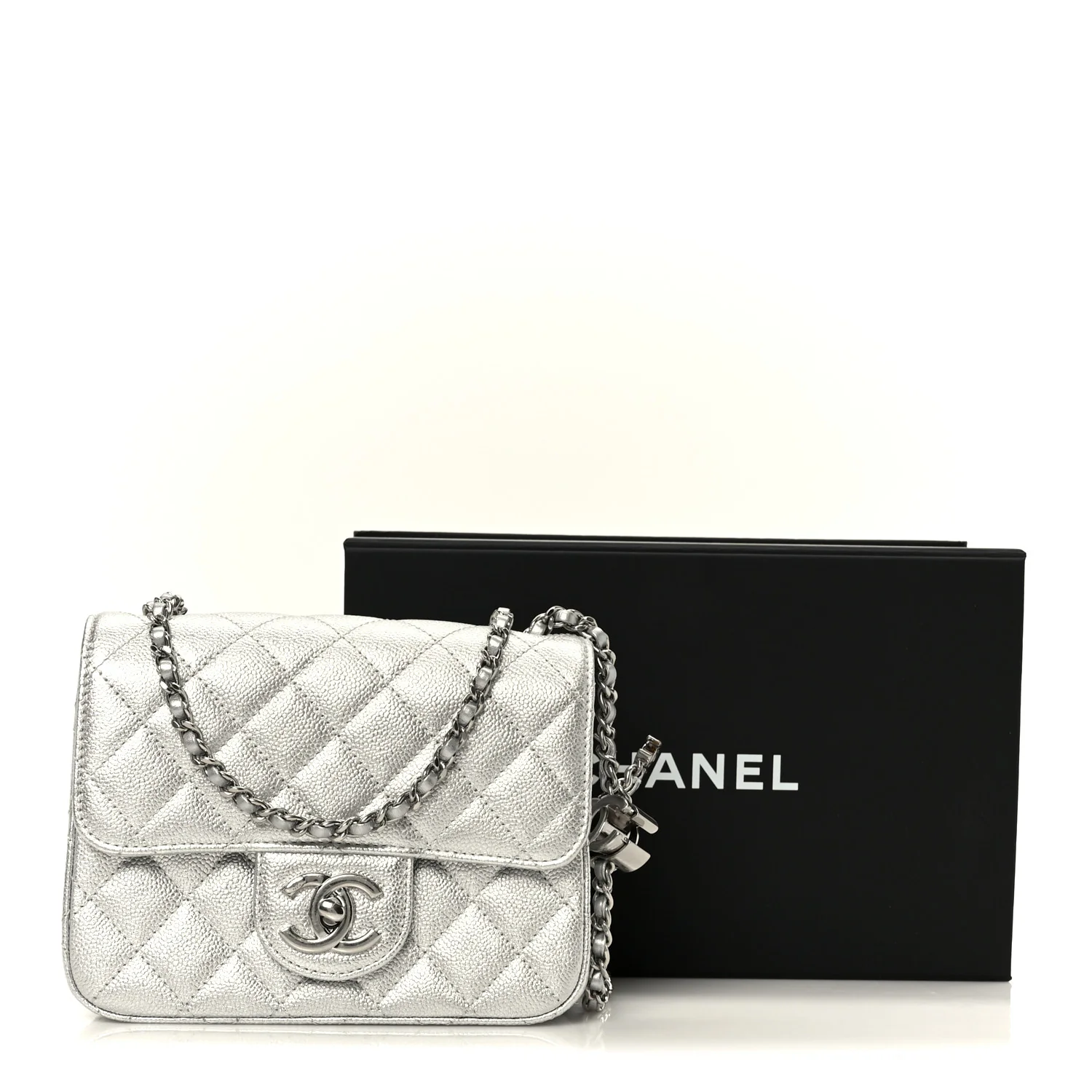 Metallic Caviar Quilted Mini Square CC Slide Flap Silver - Image 12