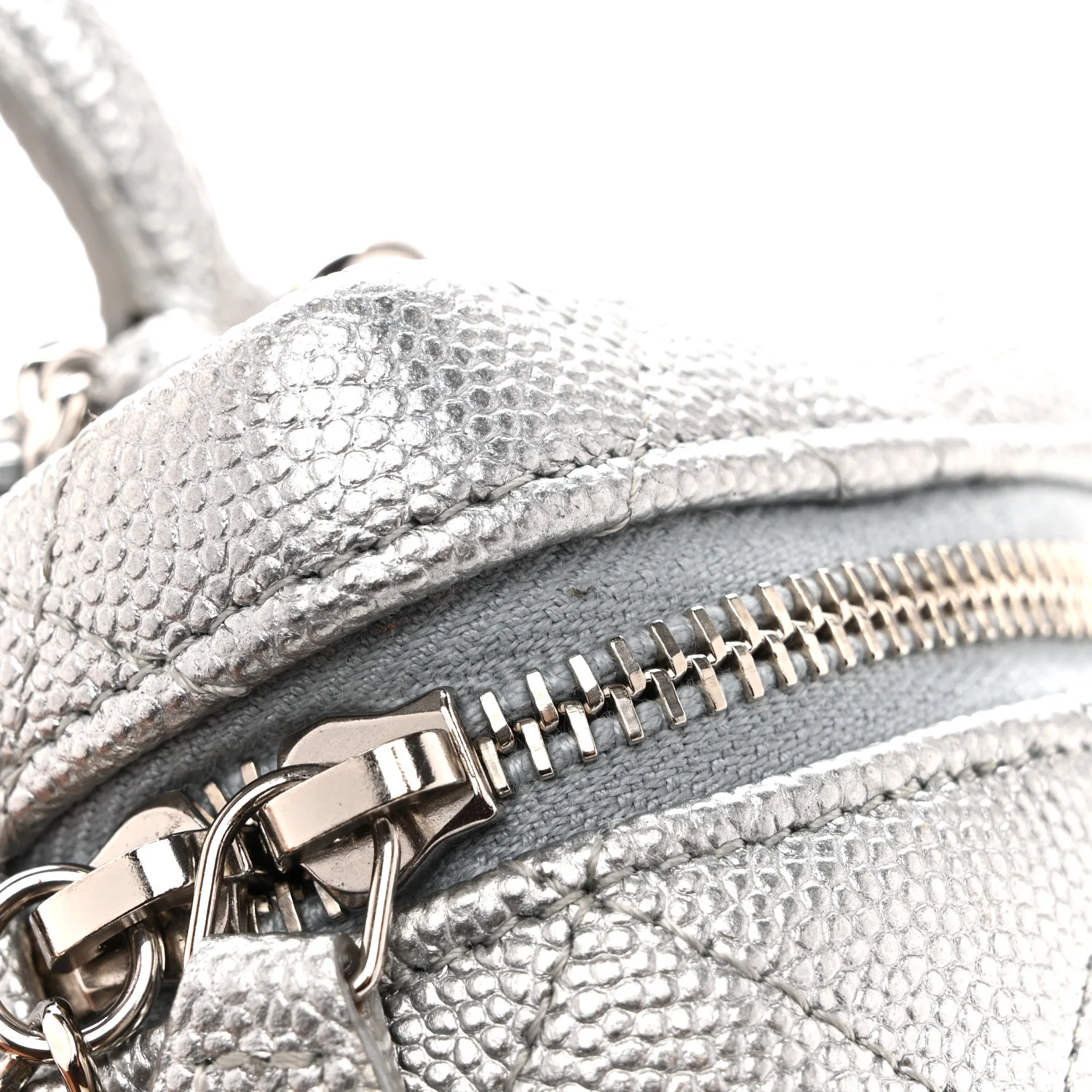 Metallic Caviar Quilted Mini Top Handle Vanity With Chain Silver - Image 11