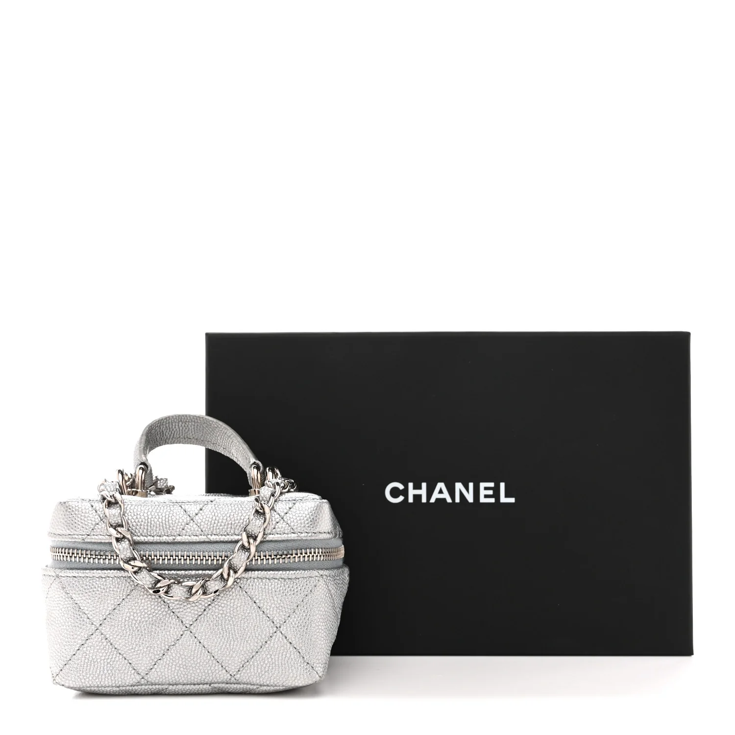 Metallic Caviar Quilted Mini Top Handle Vanity With Chain Silver - Image 13
