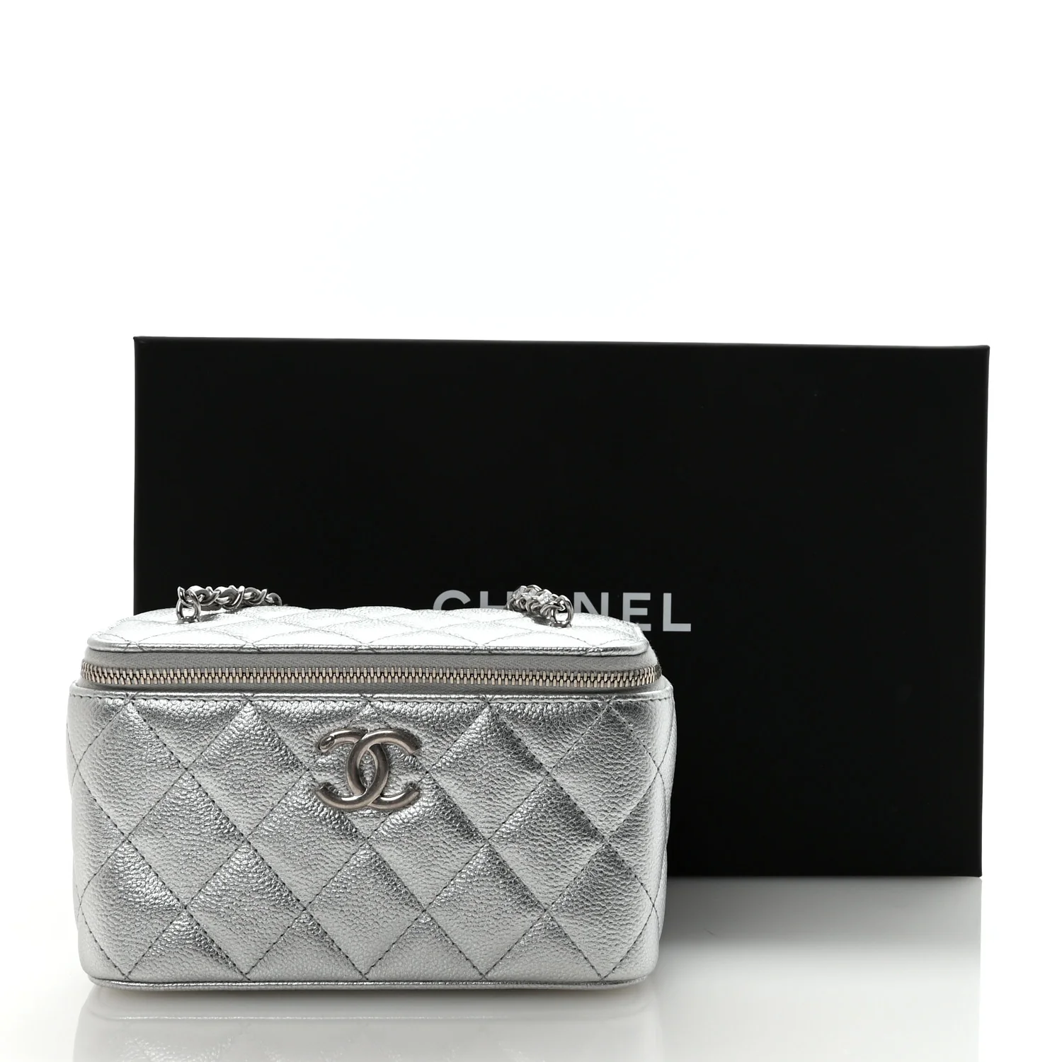 Metallic Caviar Quilted Small Vanity Case With Chain Silver - Image 11