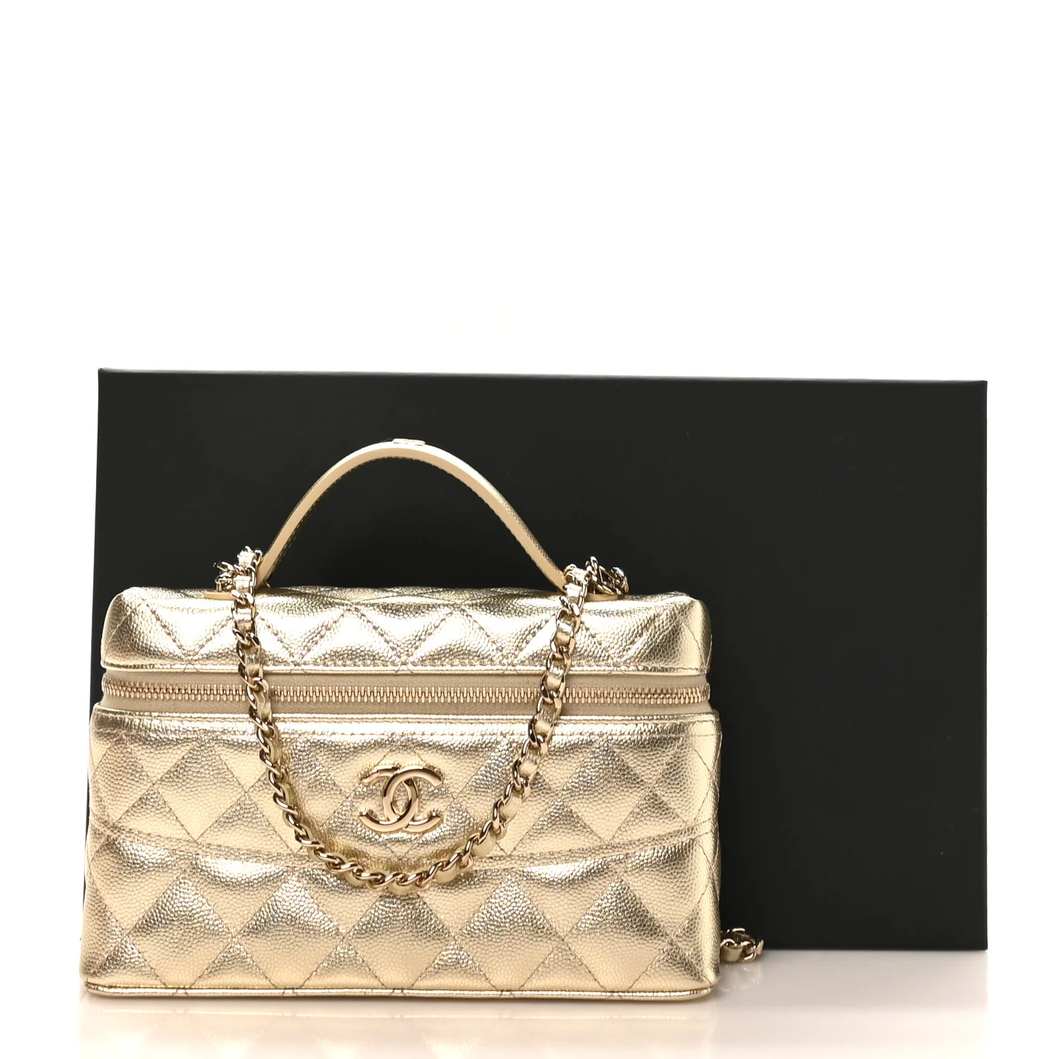 Metallic Caviar Quilted Trendy Handle Slim Vanity Gold - Image 11