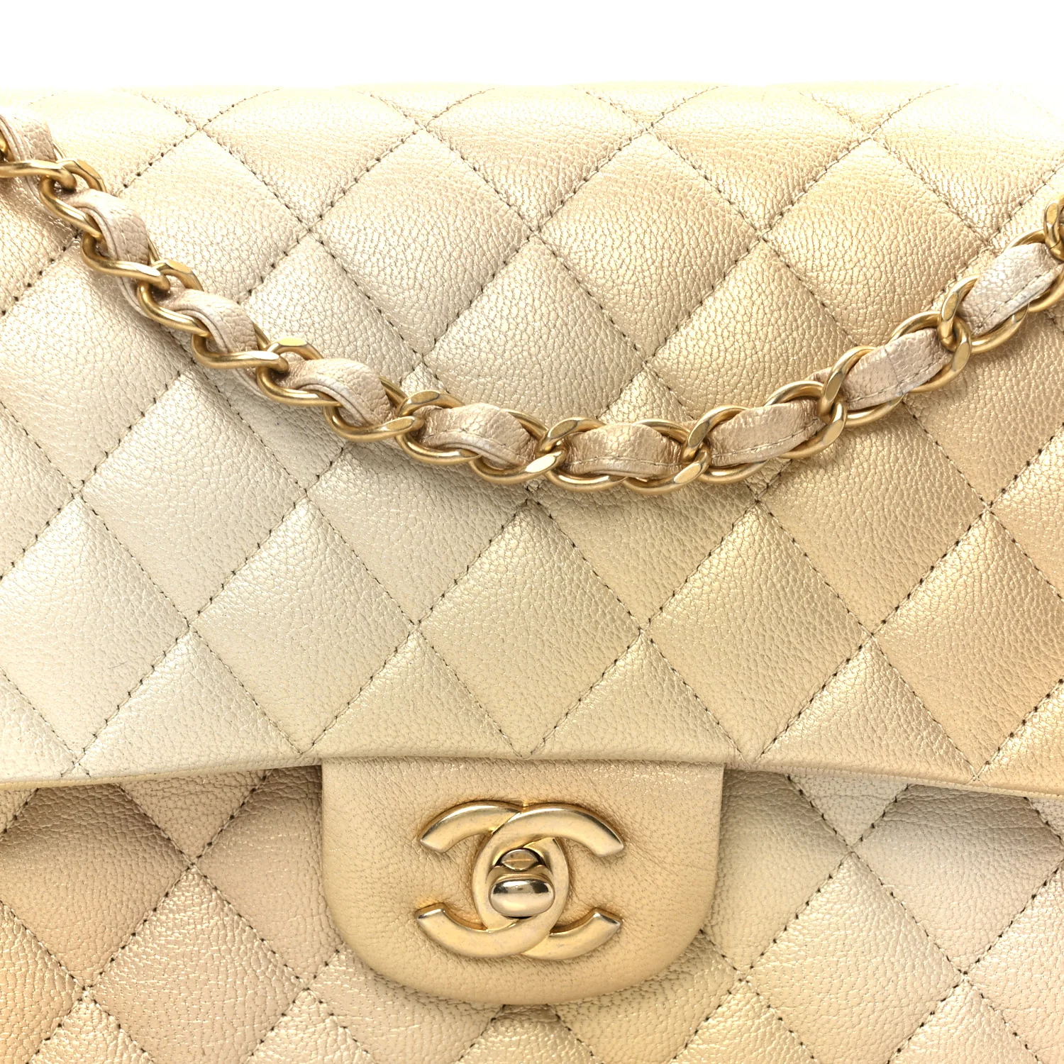 Metallic Goatskin Quilted Ombre Medium Double Flap Gold - Image 9