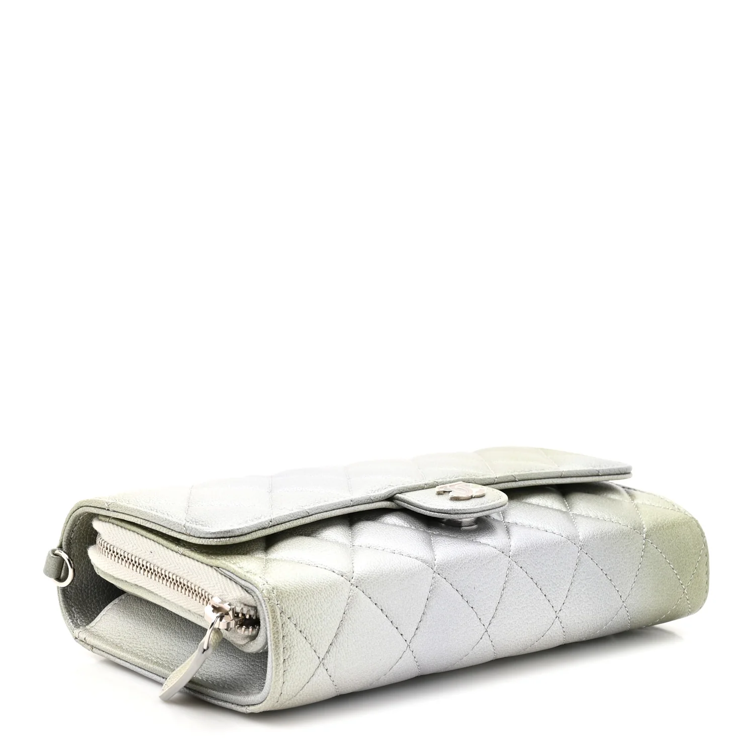 Metallic Goatskin Quilted Ombre Phone Holder Wallet on Removable Chain Grey Green - Image 5