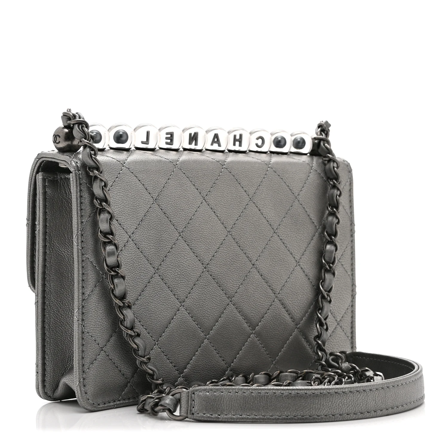 Metallic Goatskin Quilted Small Chic Pearls Flap Silver - Image 3