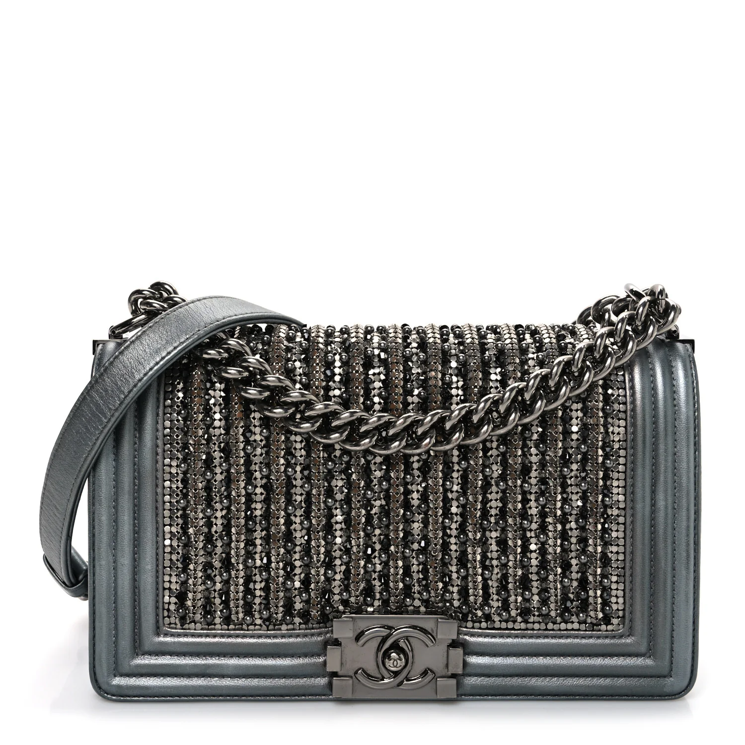 Metallic Lambskin Glass Pearl Embroidered Medium Boy Flap Silver