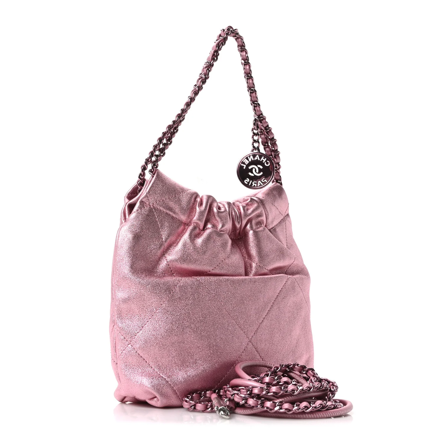 Metallic Lambskin Lacquered Monochrome Quilted Mini Chanel 22 Pink - Image 2