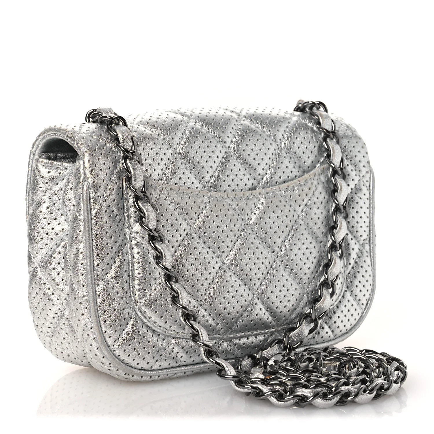 Metallic Lambskin Perforated Mini Rectangular Flap Silver - Image 3