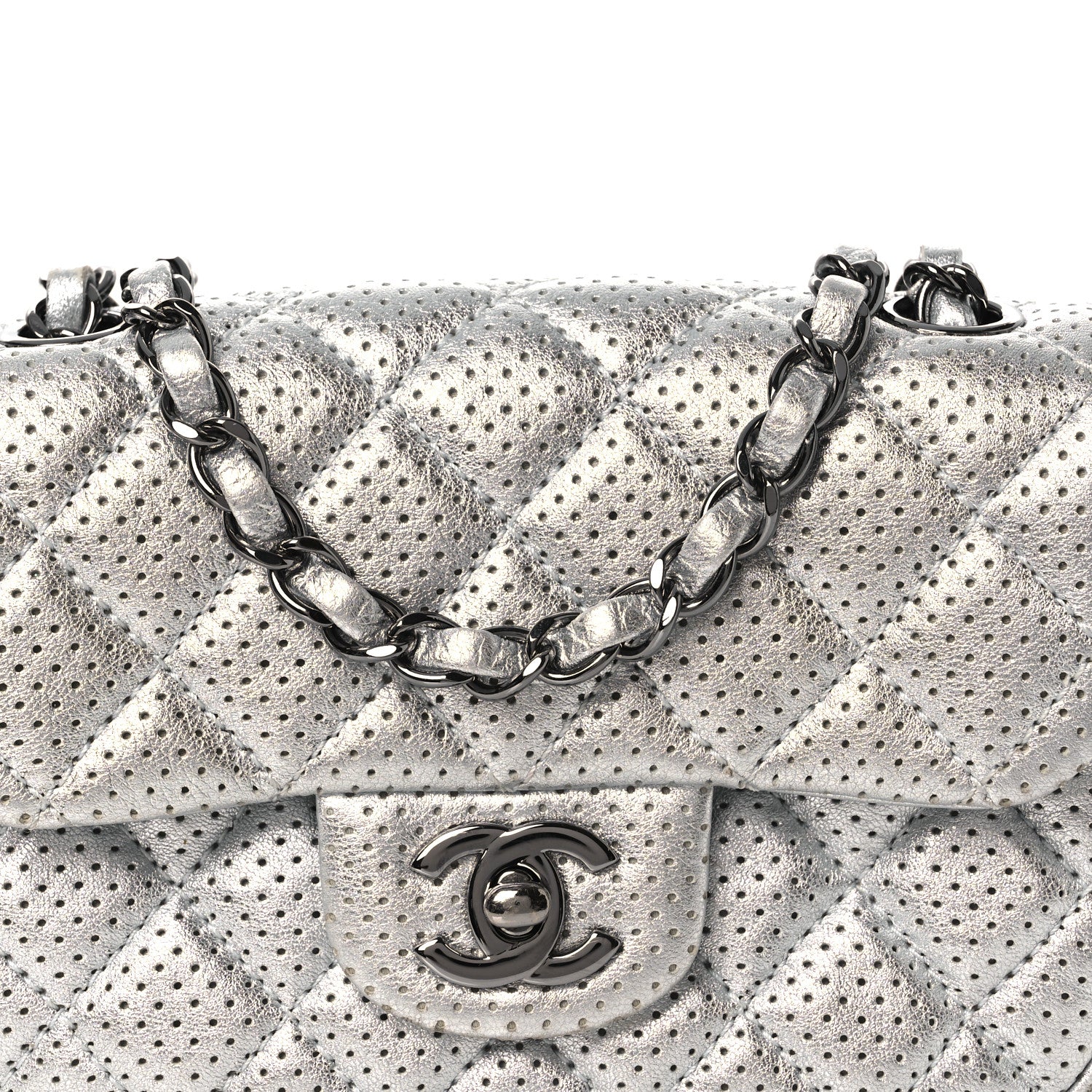 Metallic Lambskin Perforated Mini Rectangular Flap Silver - Image 8