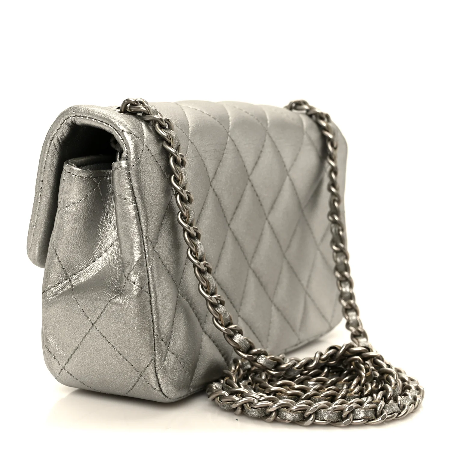 Metallic Lambskin Quilted Extra Mini Rectangular Flap Silver - Image 3