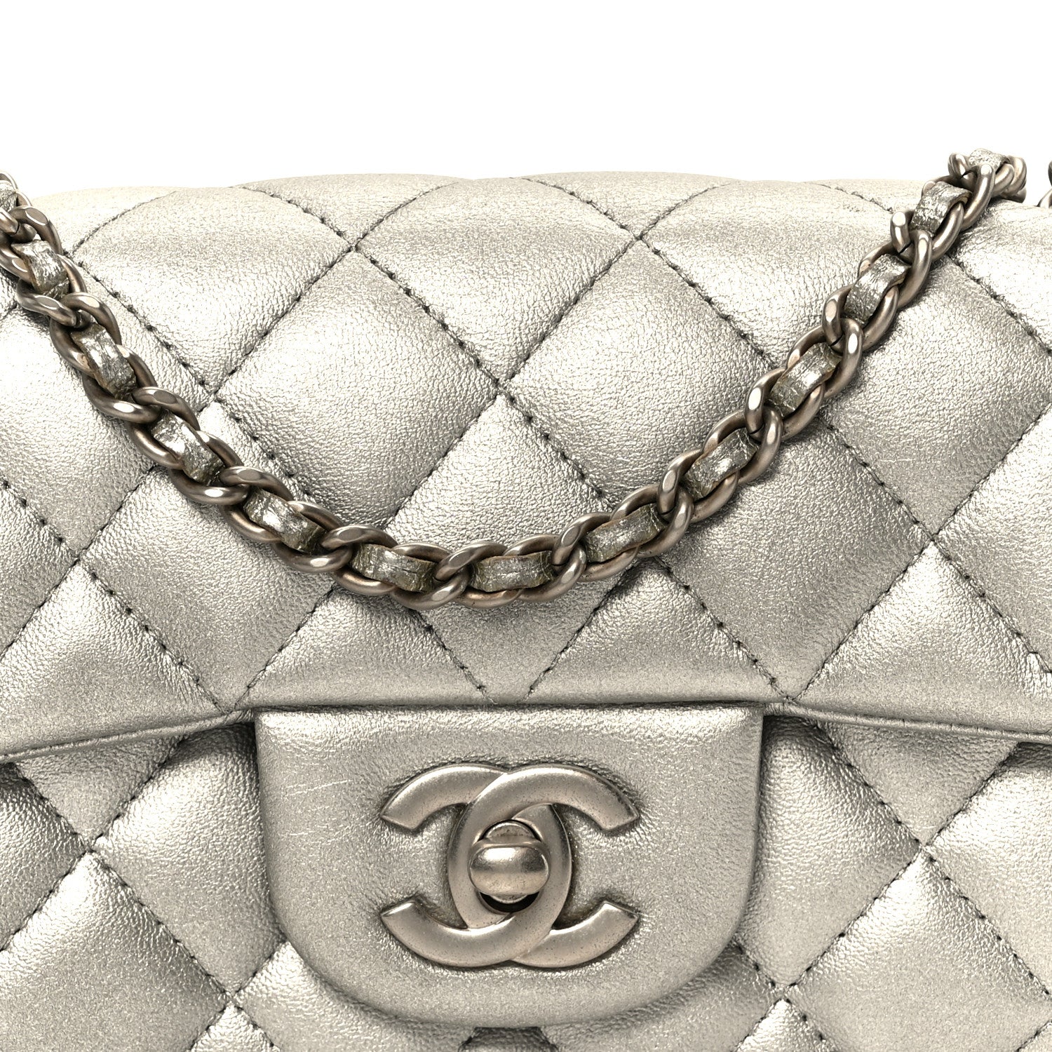 Metallic Lambskin Quilted Extra Mini Rectangular Flap Silver - Image 9