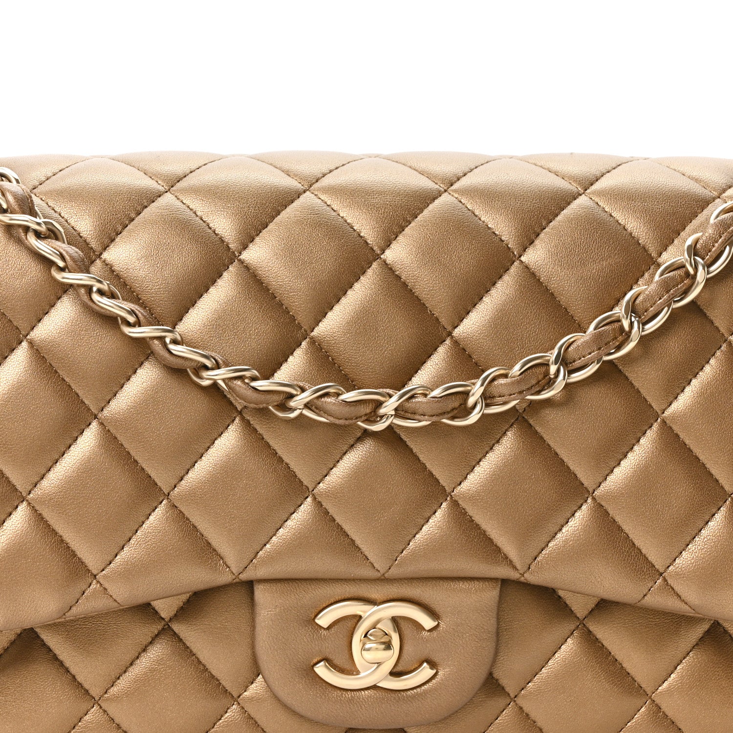 Metallic Lambskin Quilted Jumbo Double Flap Khaki - Image 7