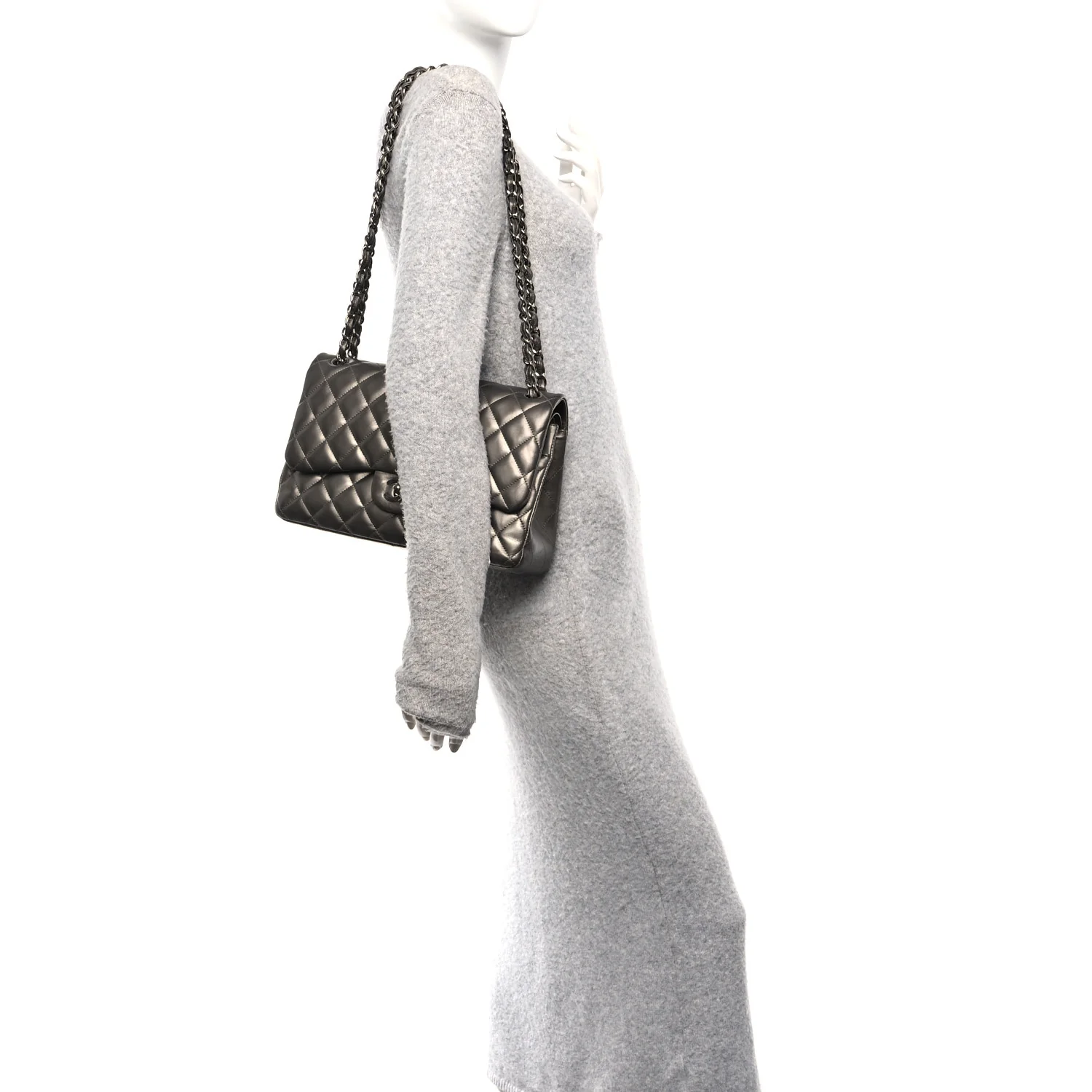 Metallic Lambskin Quilted Jumbo Double Flap Pewter - Image 2