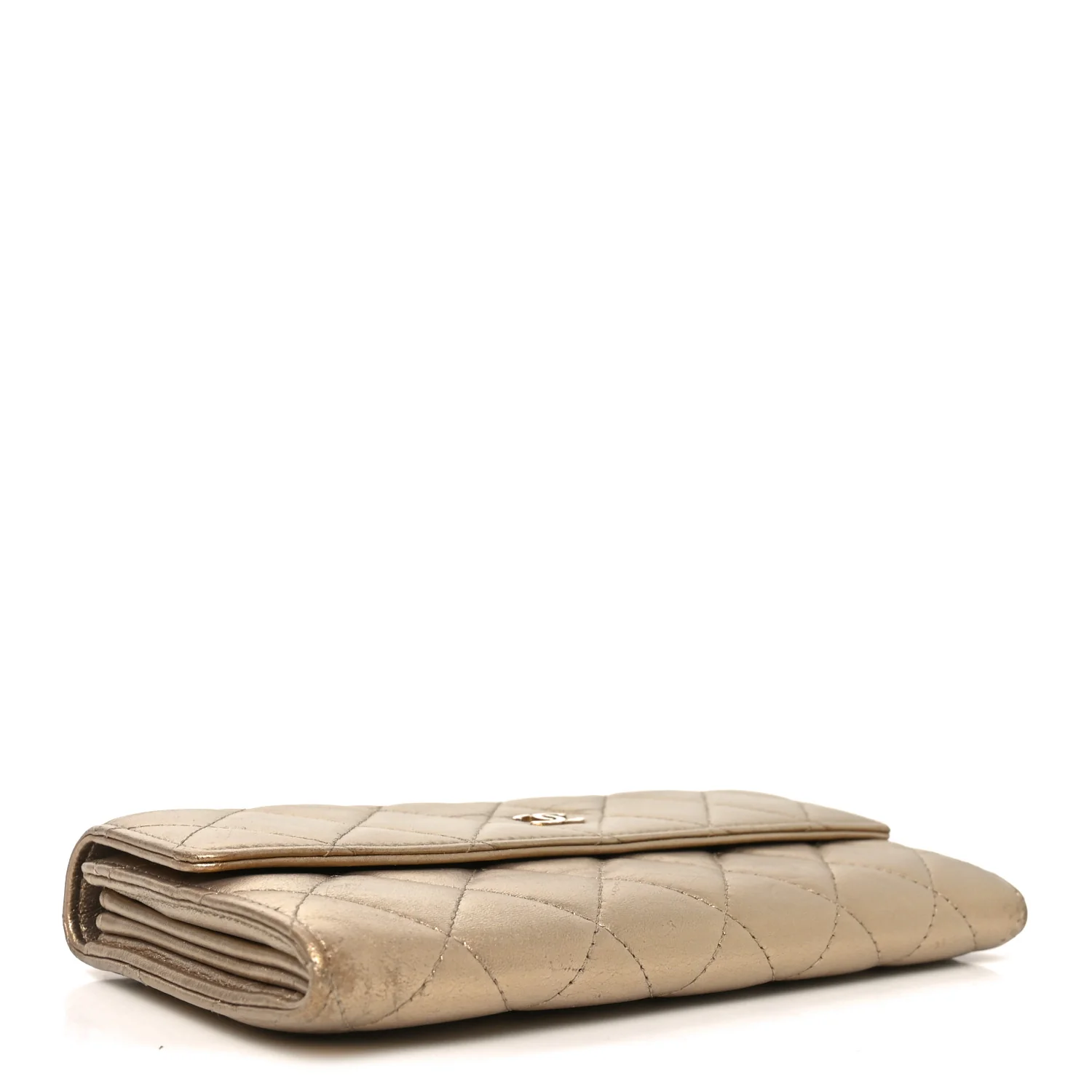 Metallic Lambskin Quilted Large Gusset Flap Wallet Gold - Image 4
