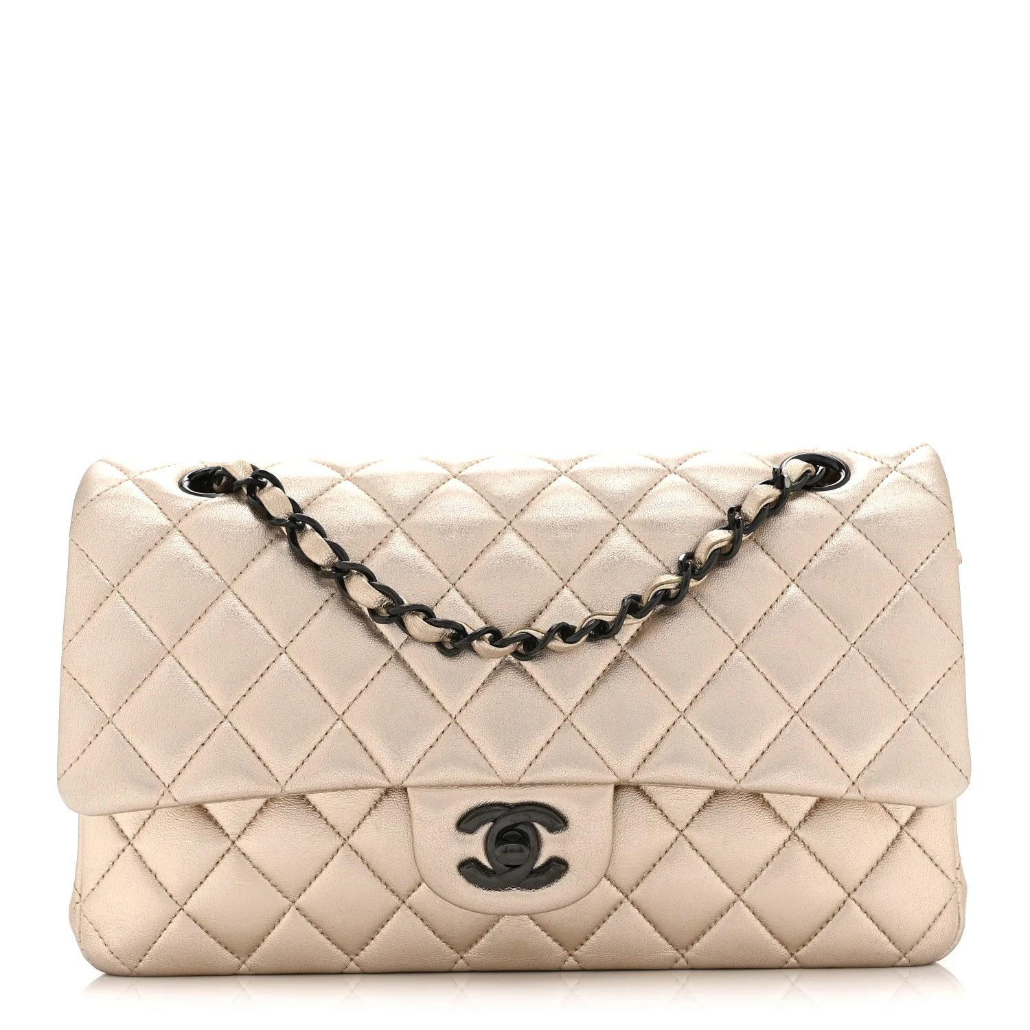Metallic Lambskin Quilted Medium Double Flap Gold Black
