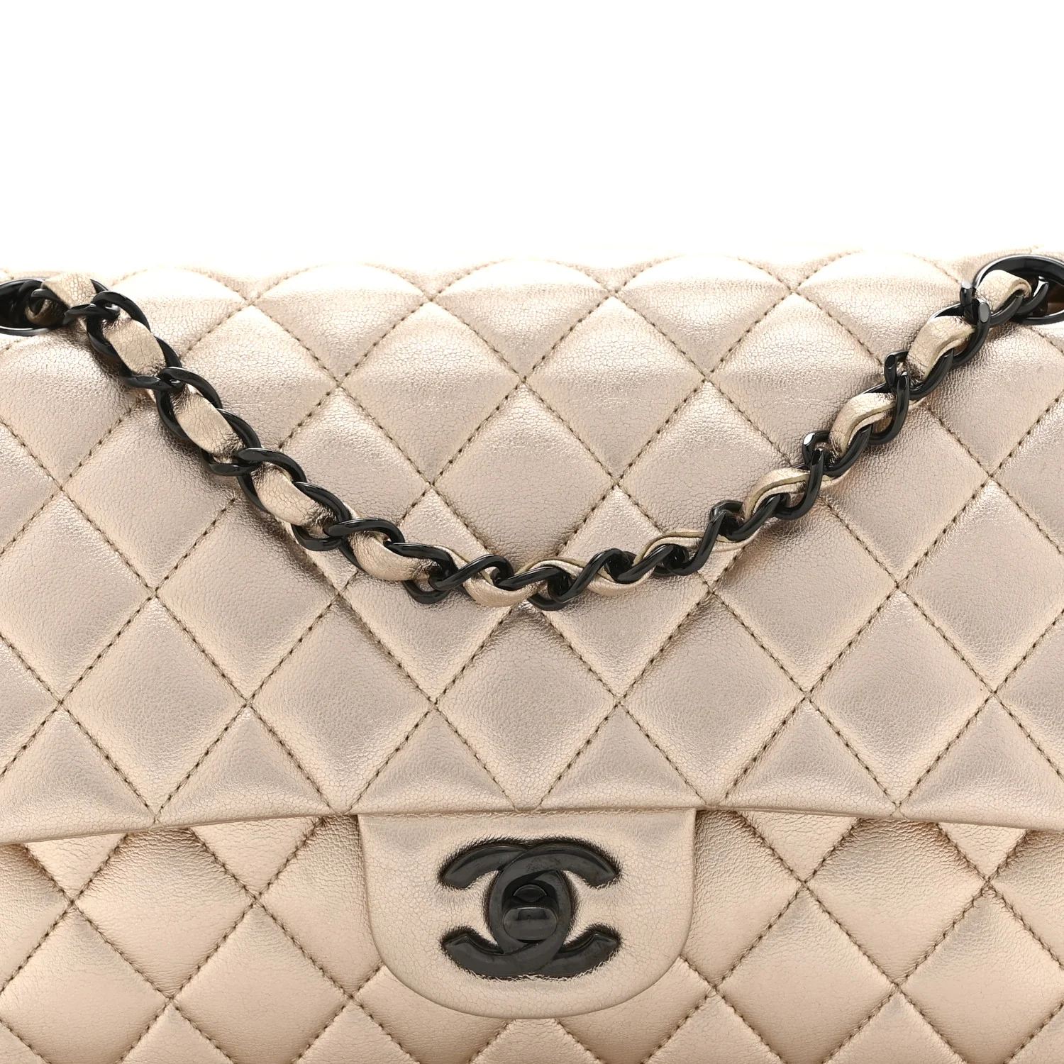 Metallic Lambskin Quilted Medium Double Flap Gold Black - Image 8