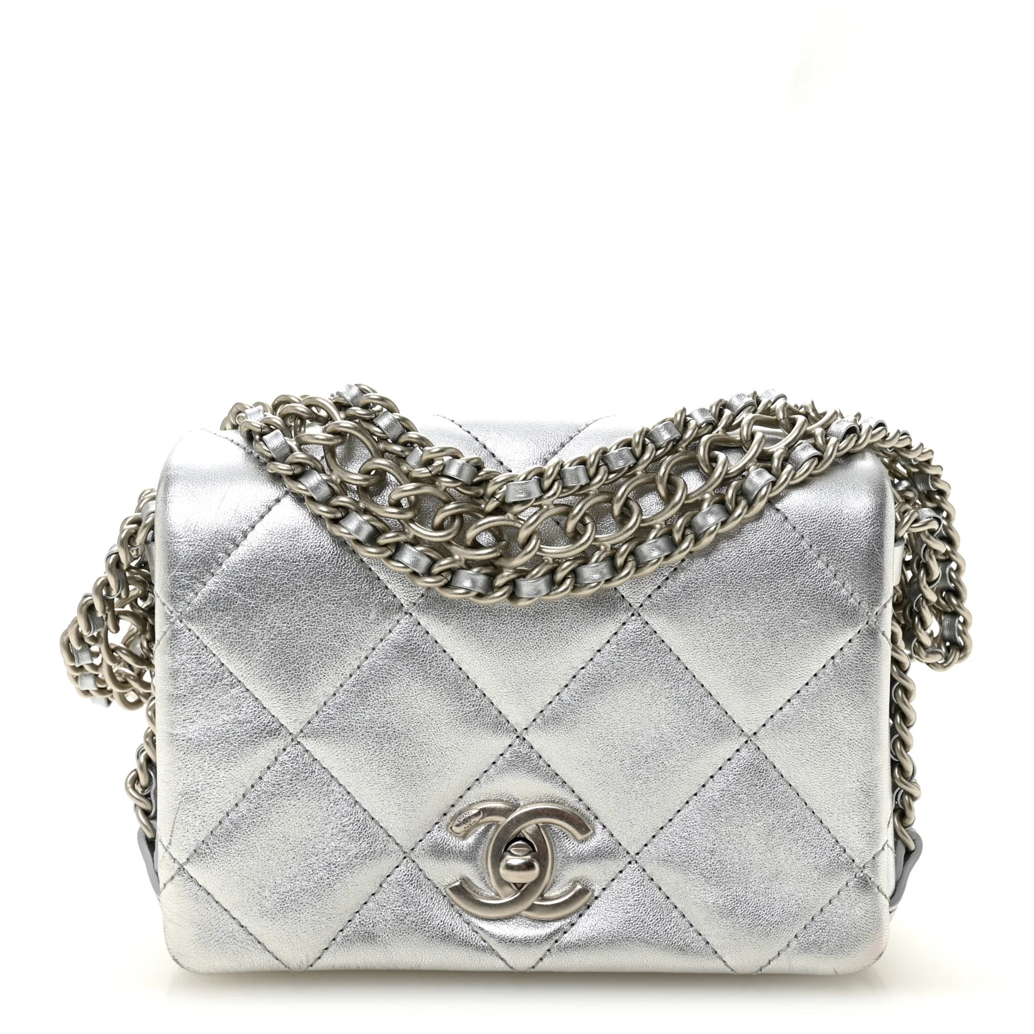 Metallic Lambskin Quilted Mini Chain Rows Flap Silver