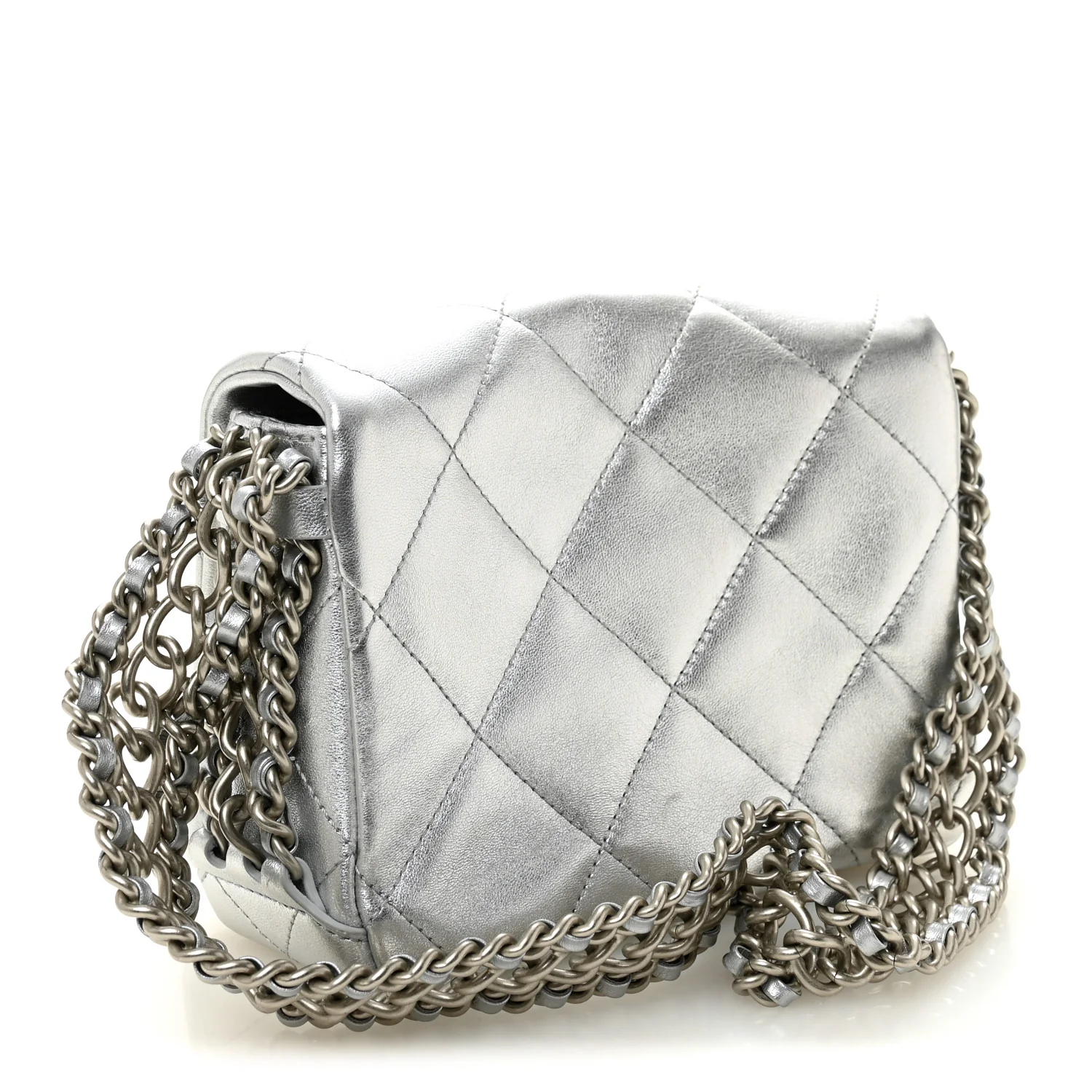 Metallic Lambskin Quilted Mini Chain Rows Flap Silver - Image 3