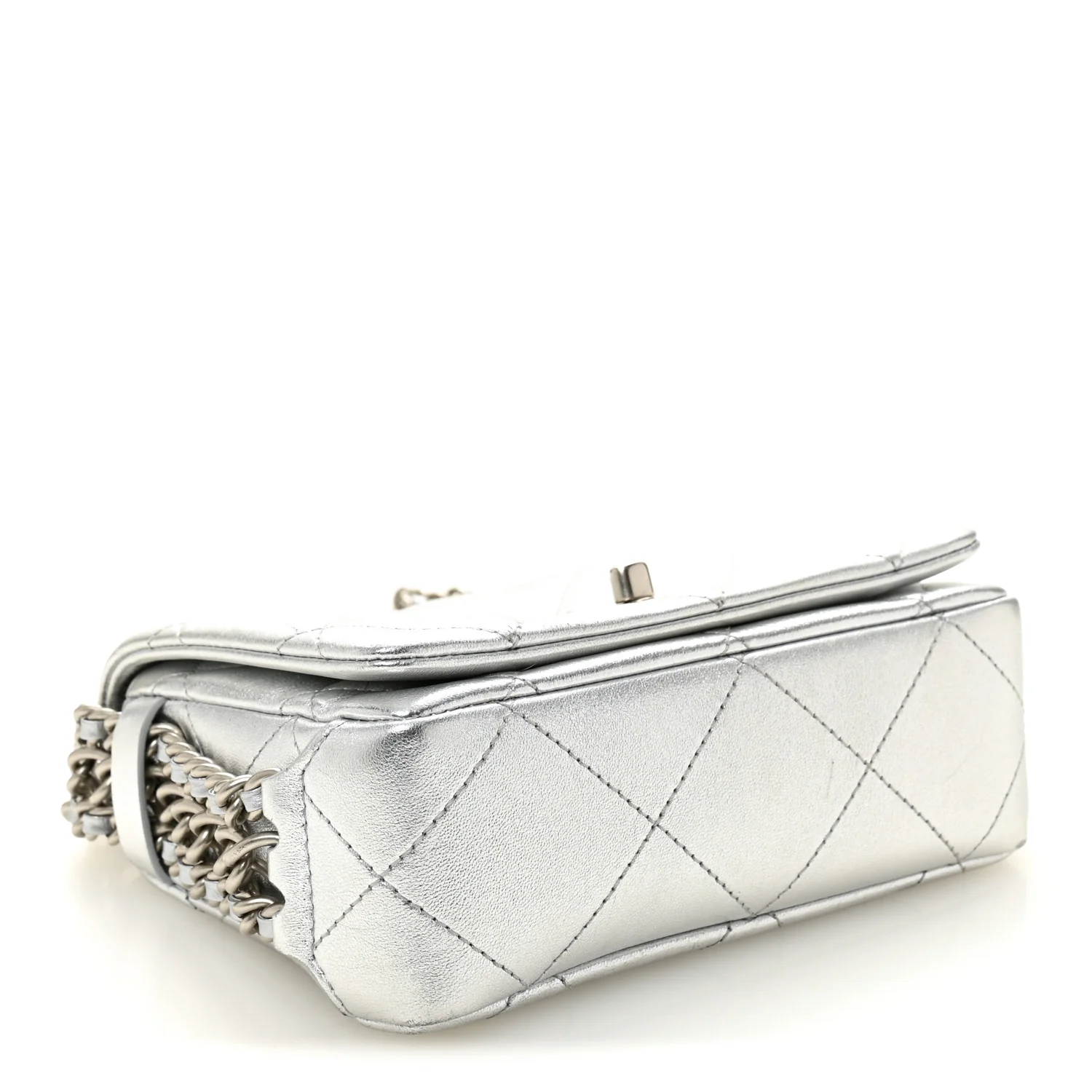 Metallic Lambskin Quilted Mini Chain Rows Flap Silver - Image 4