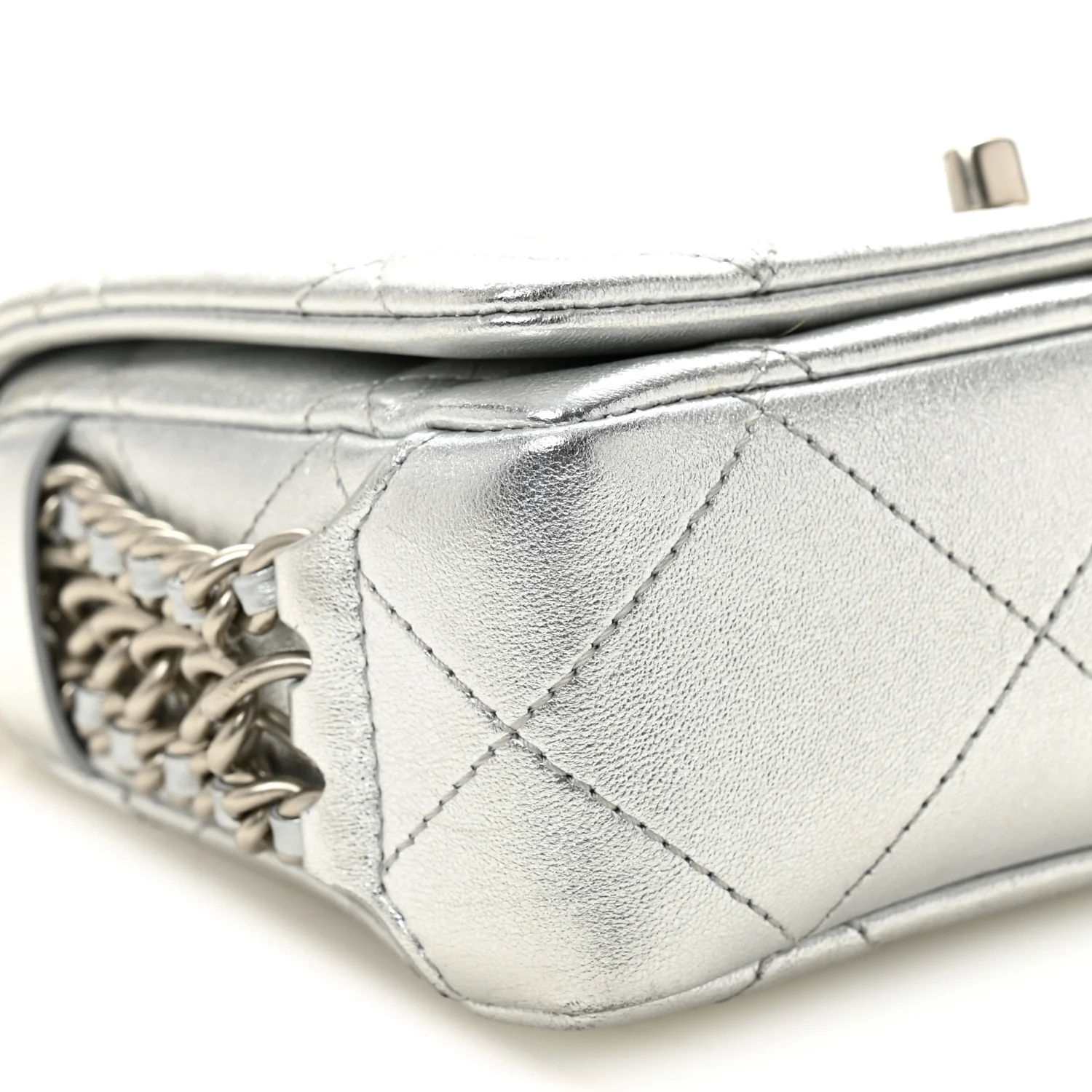 Metallic Lambskin Quilted Mini Chain Rows Flap Silver - Image 9