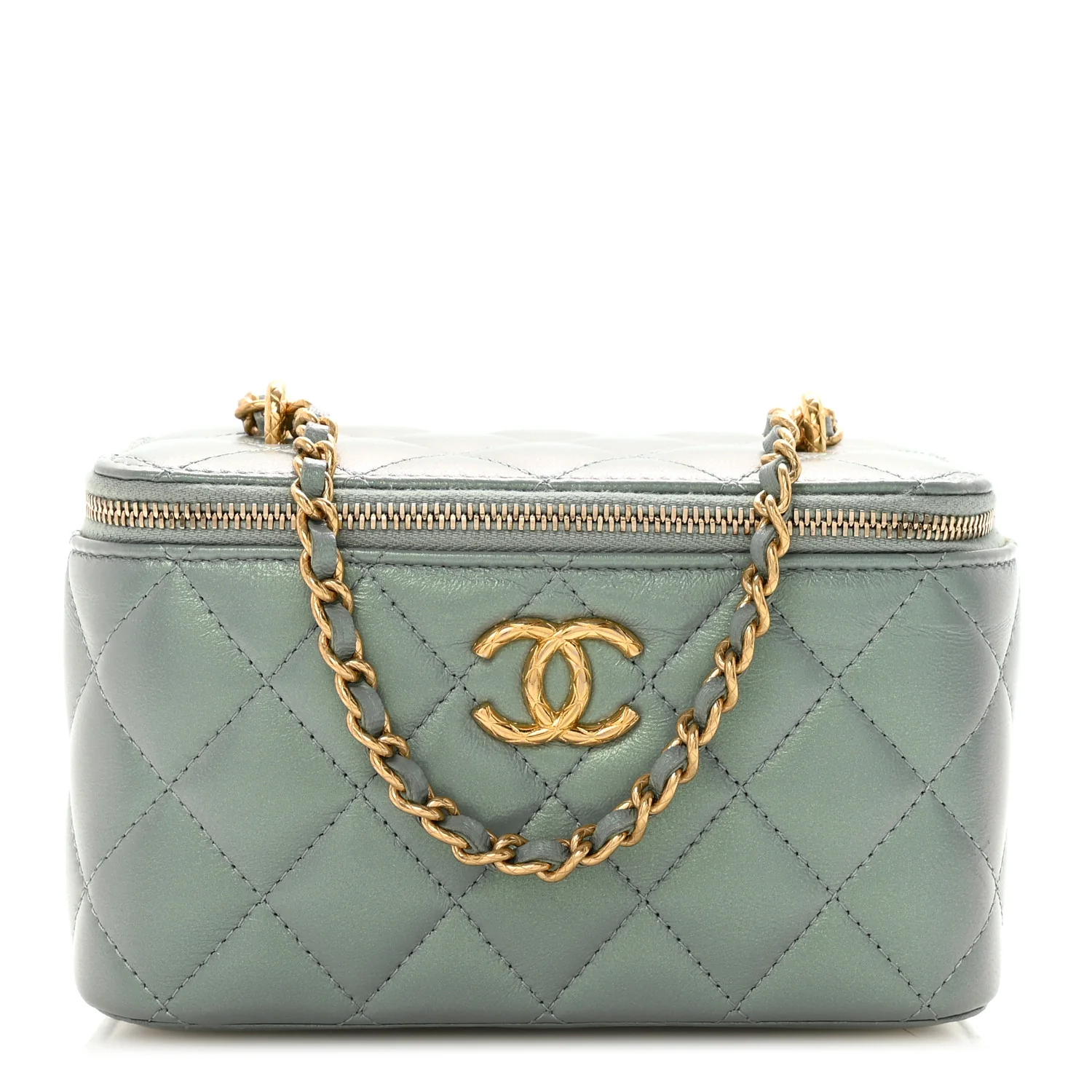 Metallic Lambskin Quilted Small CC Vanity Case With Chain Grey