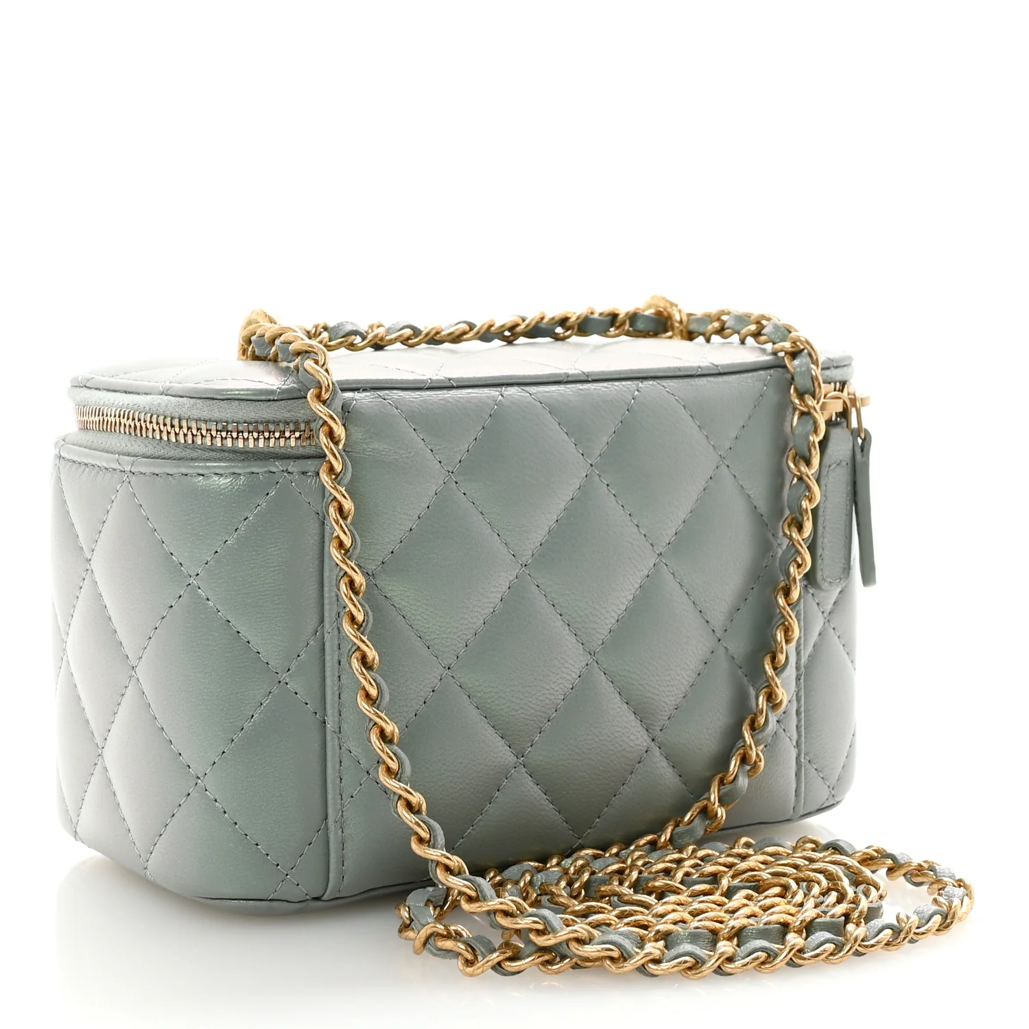 Metallic Lambskin Quilted Small CC Vanity Case With Chain Grey - Image 3