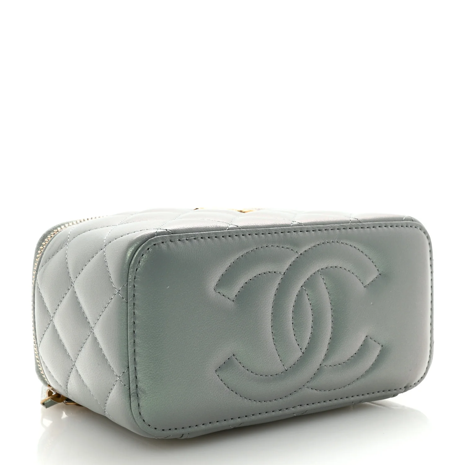 Metallic Lambskin Quilted Small CC Vanity Case With Chain Grey - Image 4