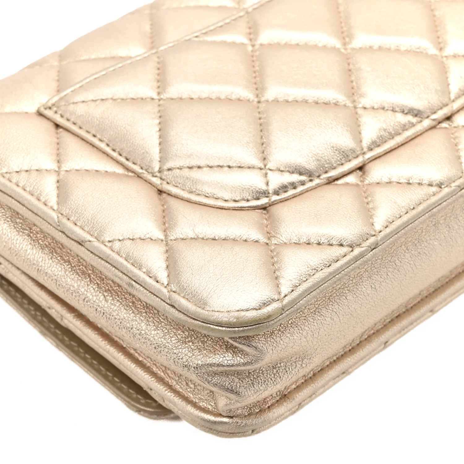 Metallic Lambskin Quilted Wallet On Chain WOC Gold Black - Image 13