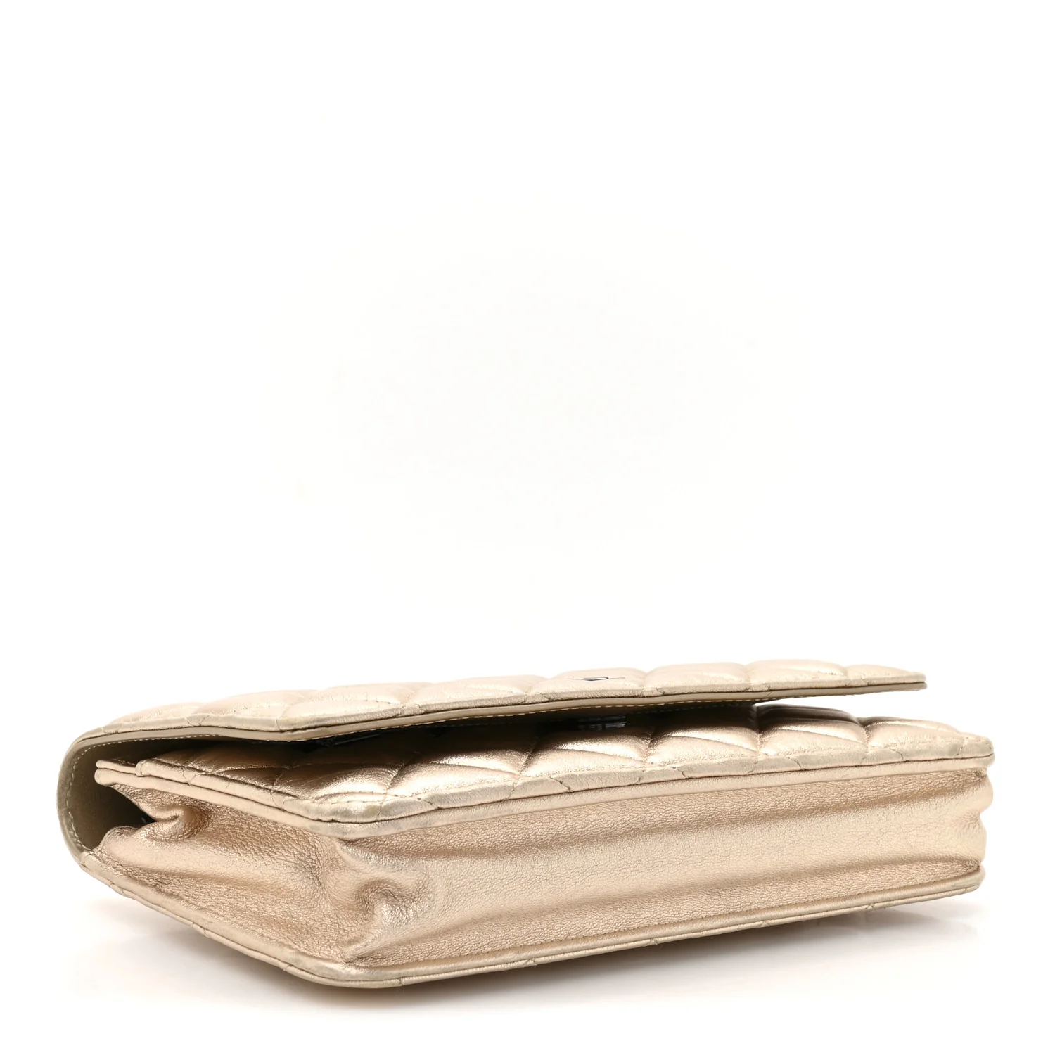Metallic Lambskin Quilted Wallet On Chain WOC Gold Black - Image 4