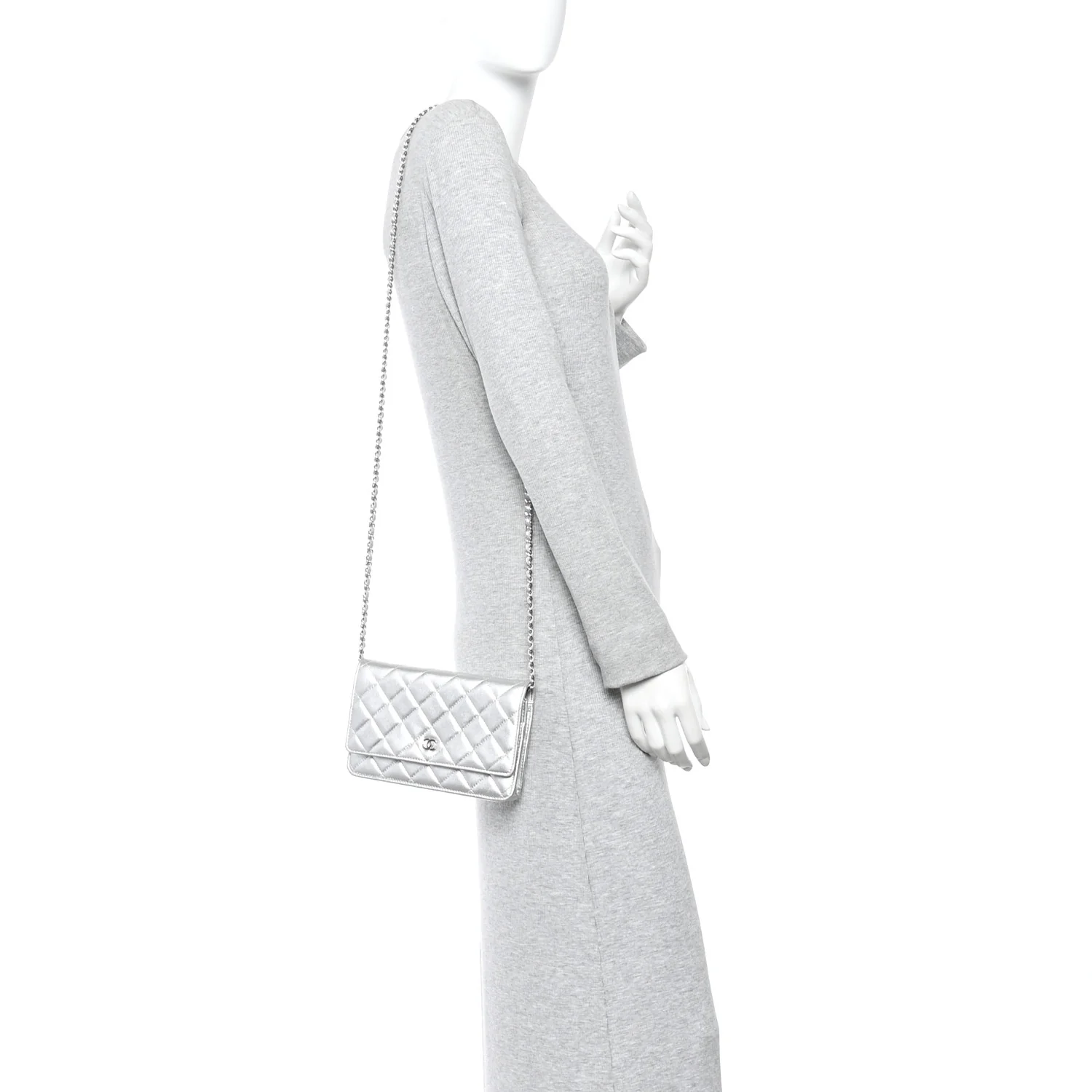Metallic Lambskin Quilted Wallet On Chain WOC Silver - Image 2