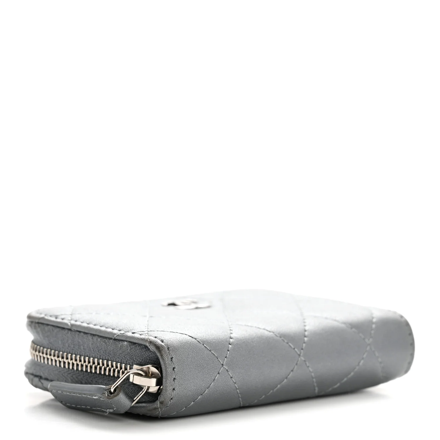 Metallic Lambskin Quilted Zip Around Coin Purse Wallet Silver - Image 4