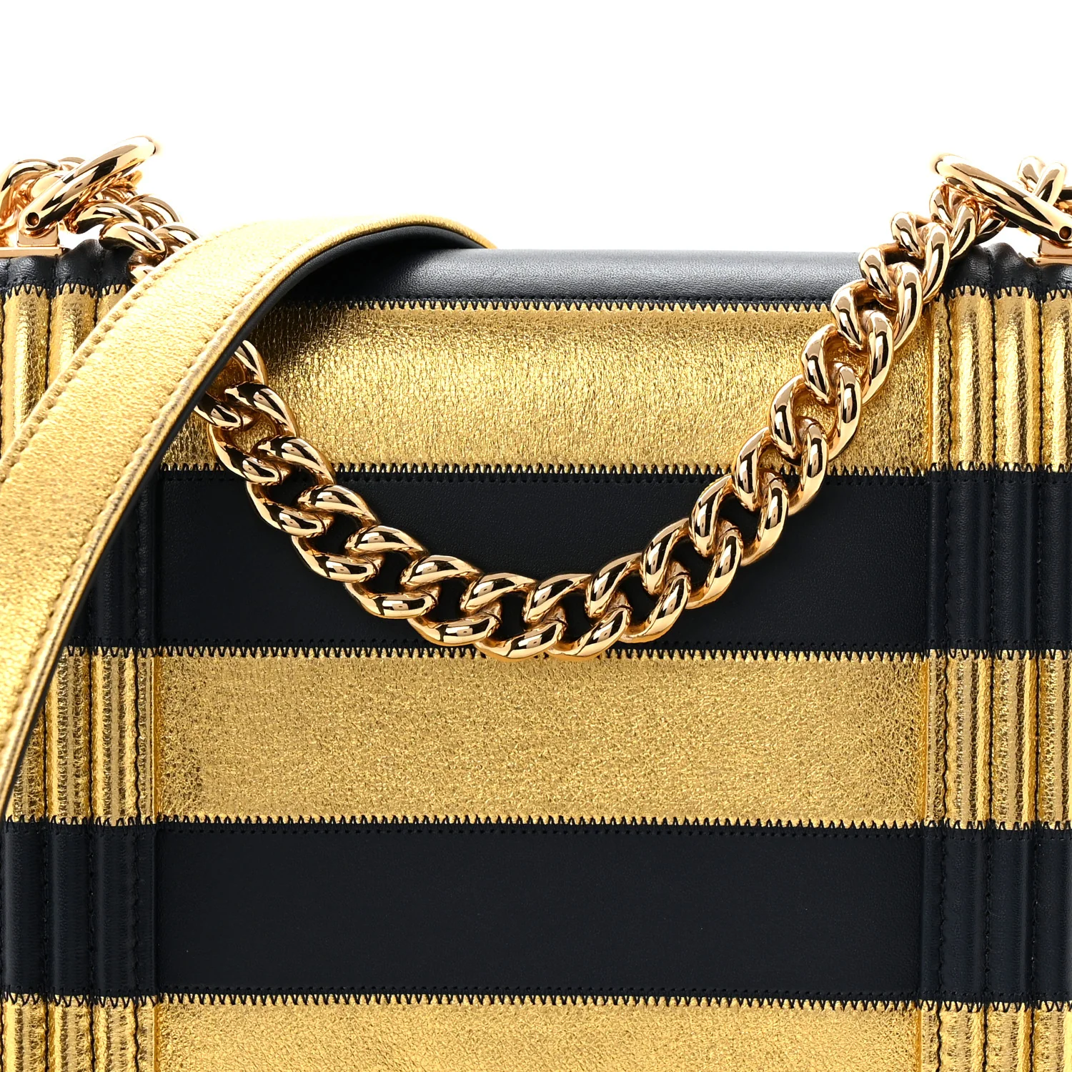 Metallic Lambskin Striped North South Boy Flap Navy Gold - Image 8
