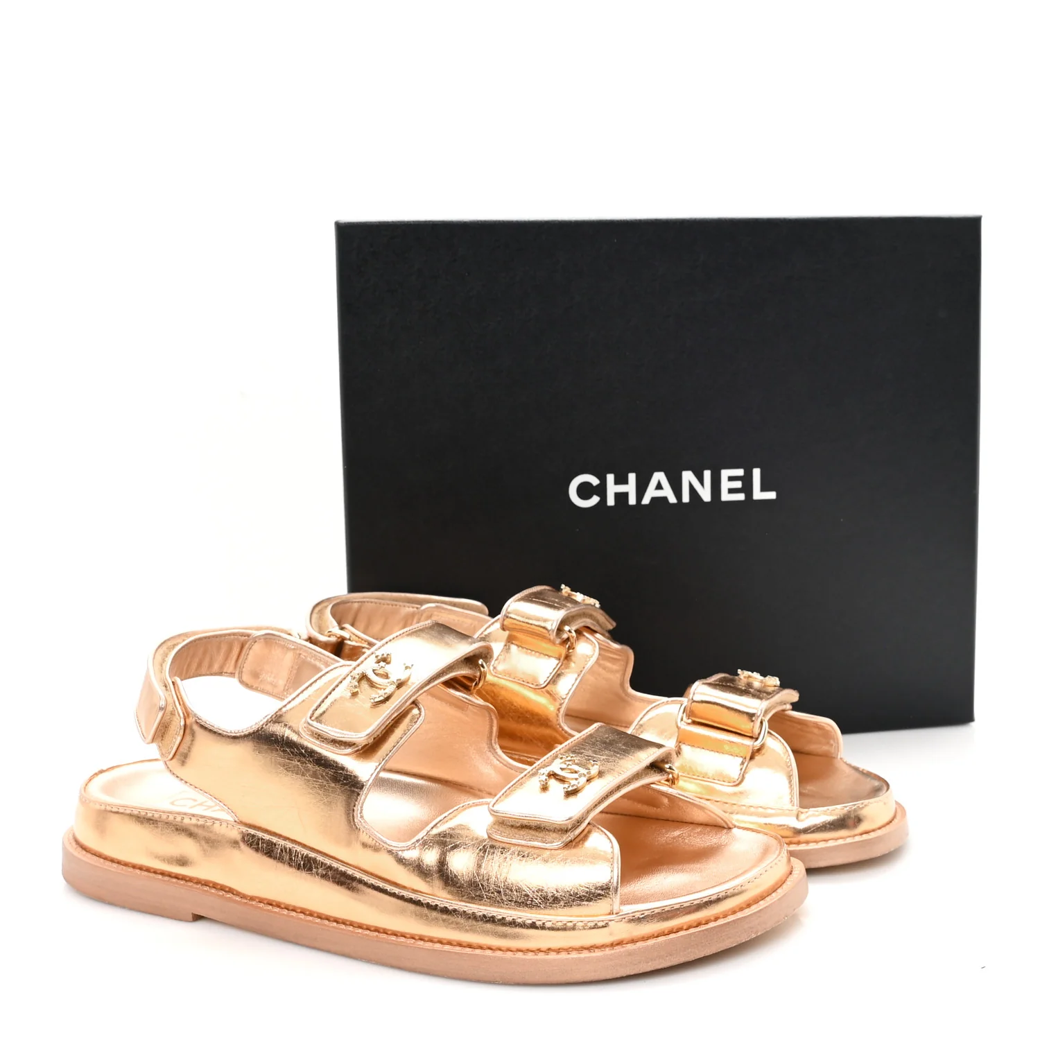 Metallic Laminated Calfskin Velcro Dad Sandals 40.5 Golden - Image 10