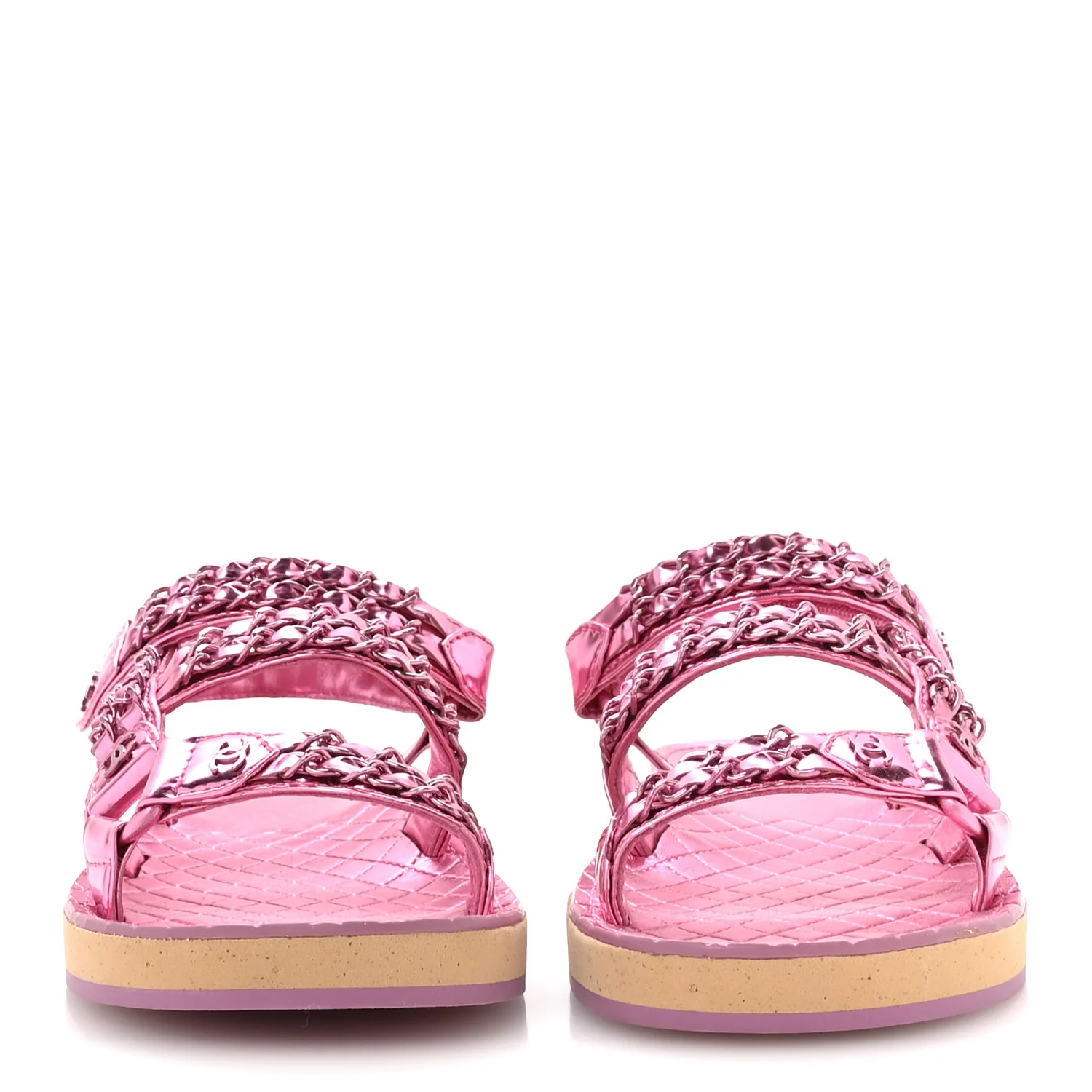 Metallic Laminated Goatskin Chain Flat Sandals 37.5 Pink - Image 3