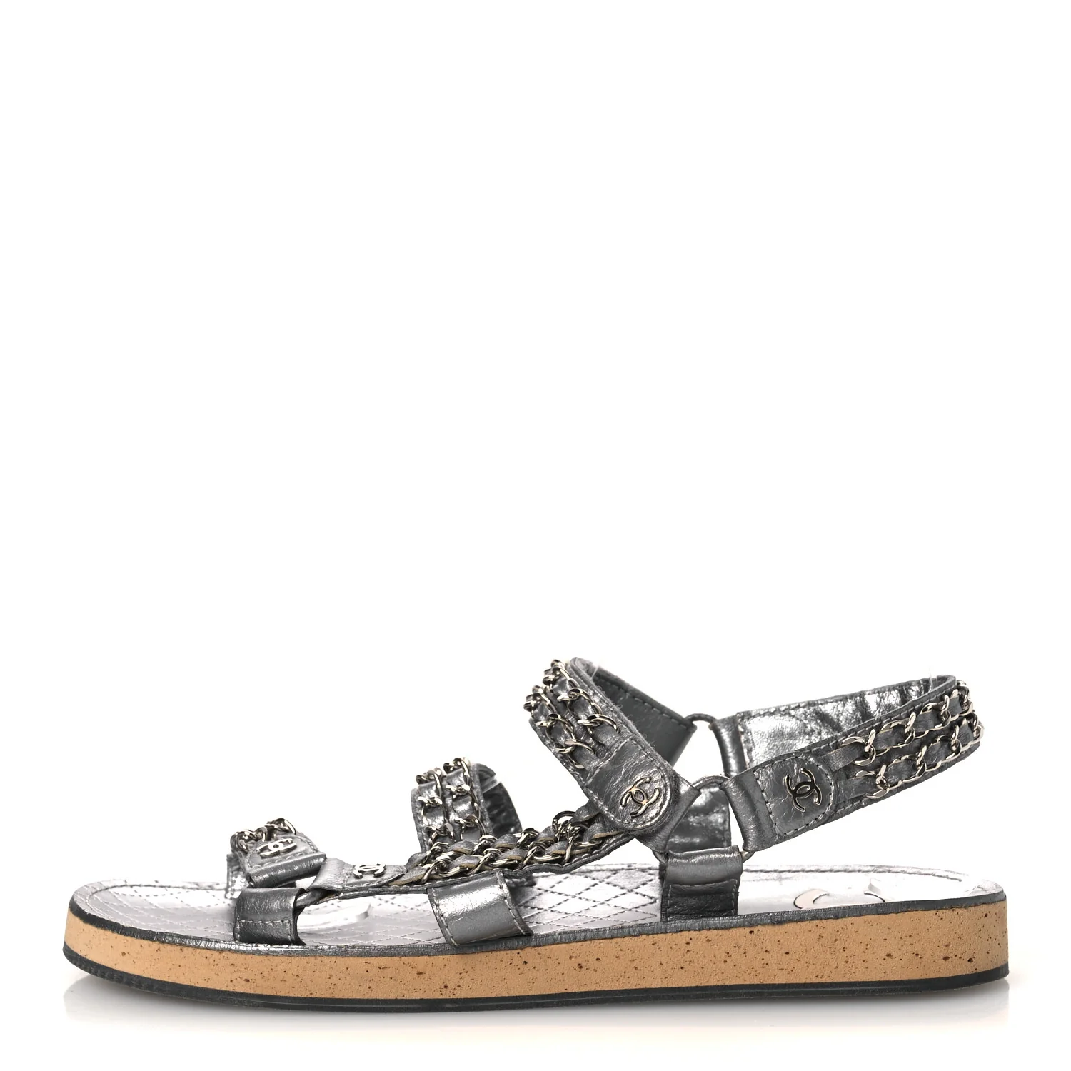 Metallic Laminated Goatskin Chain Flat Sandals 39 Dark Silver