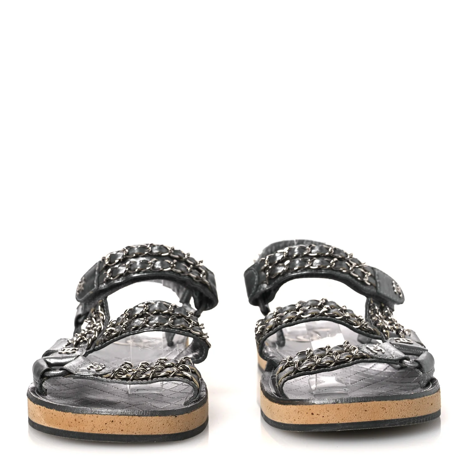 Metallic Laminated Goatskin Chain Flat Sandals 39 Dark Silver - Image 3