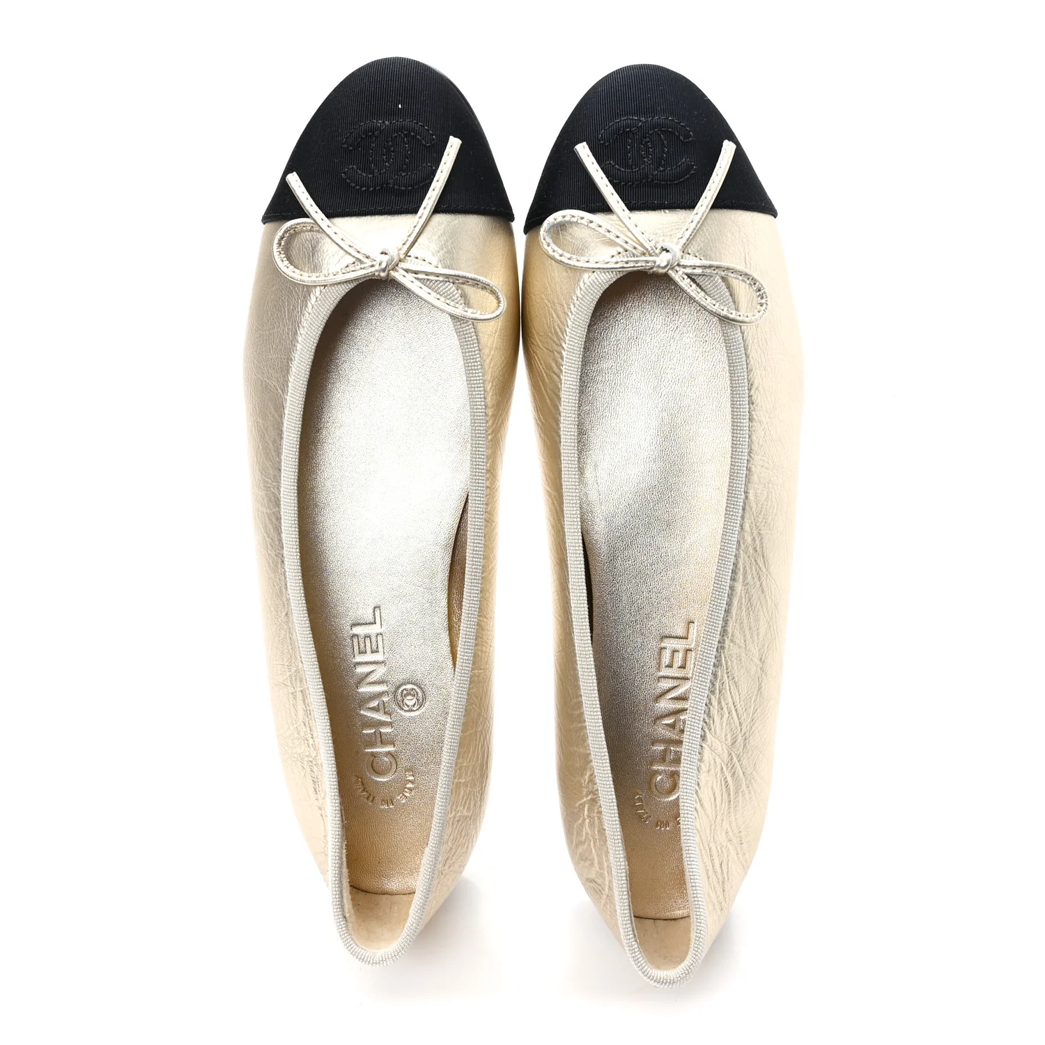 Metallic Laminated Lambskin Grosgrain CC Cap Toe Ballerina Flats 39 Light Gold Black - Image 2