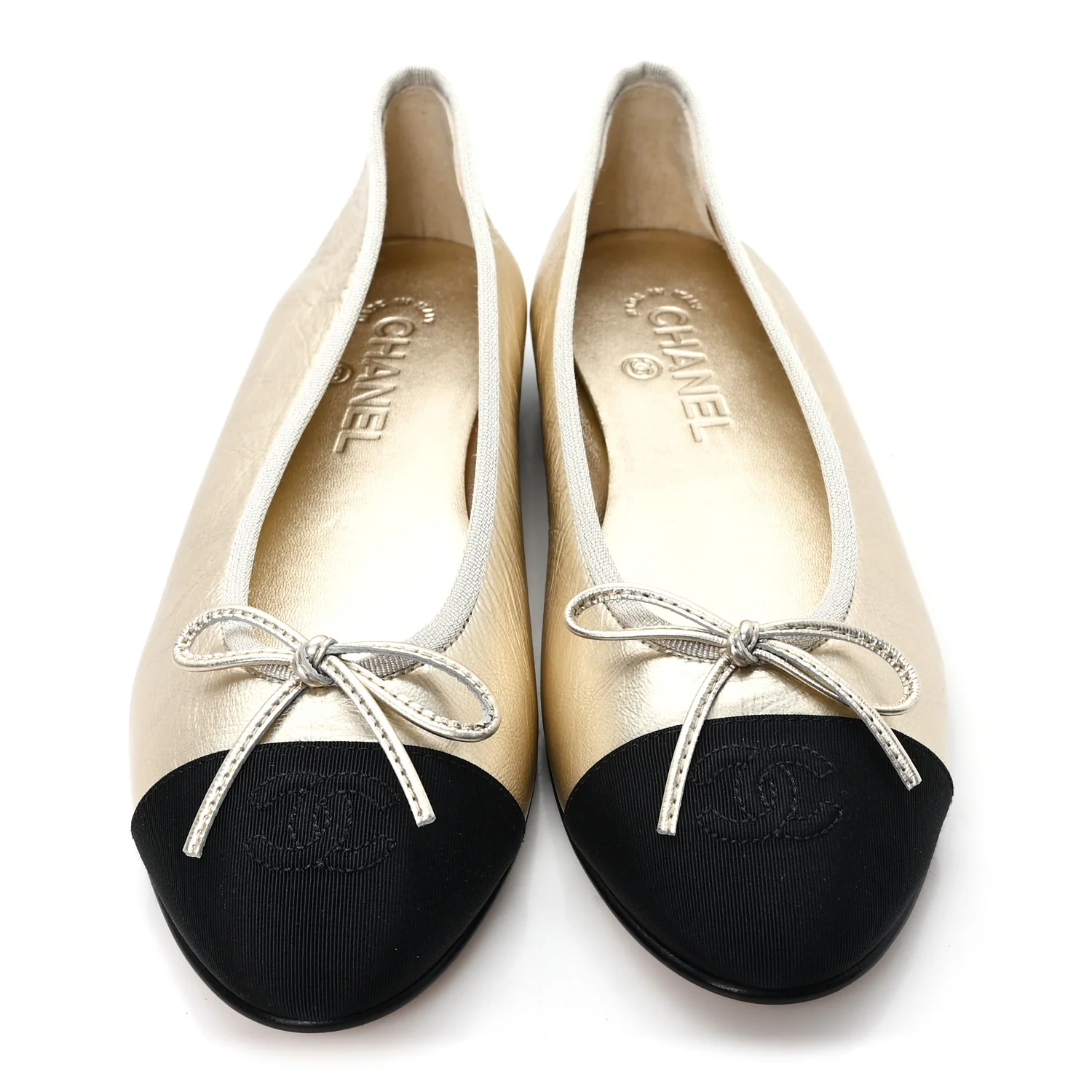 Metallic Laminated Lambskin Grosgrain CC Cap Toe Ballerina Flats 39 Light Gold Black - Image 3