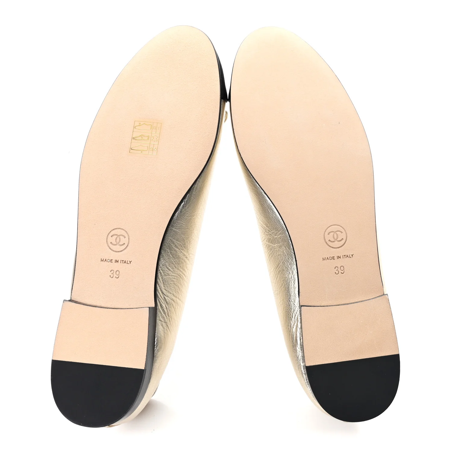 Metallic Laminated Lambskin Grosgrain CC Cap Toe Ballerina Flats 39 Light Gold Black - Image 6