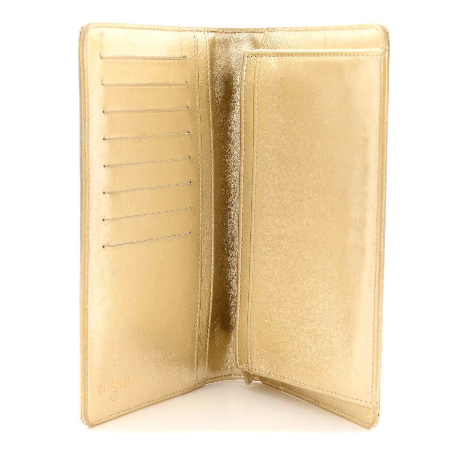 Metallic Patent Calfskin Quilted Lucky Symbols Yen Wallet Gold - Image 5