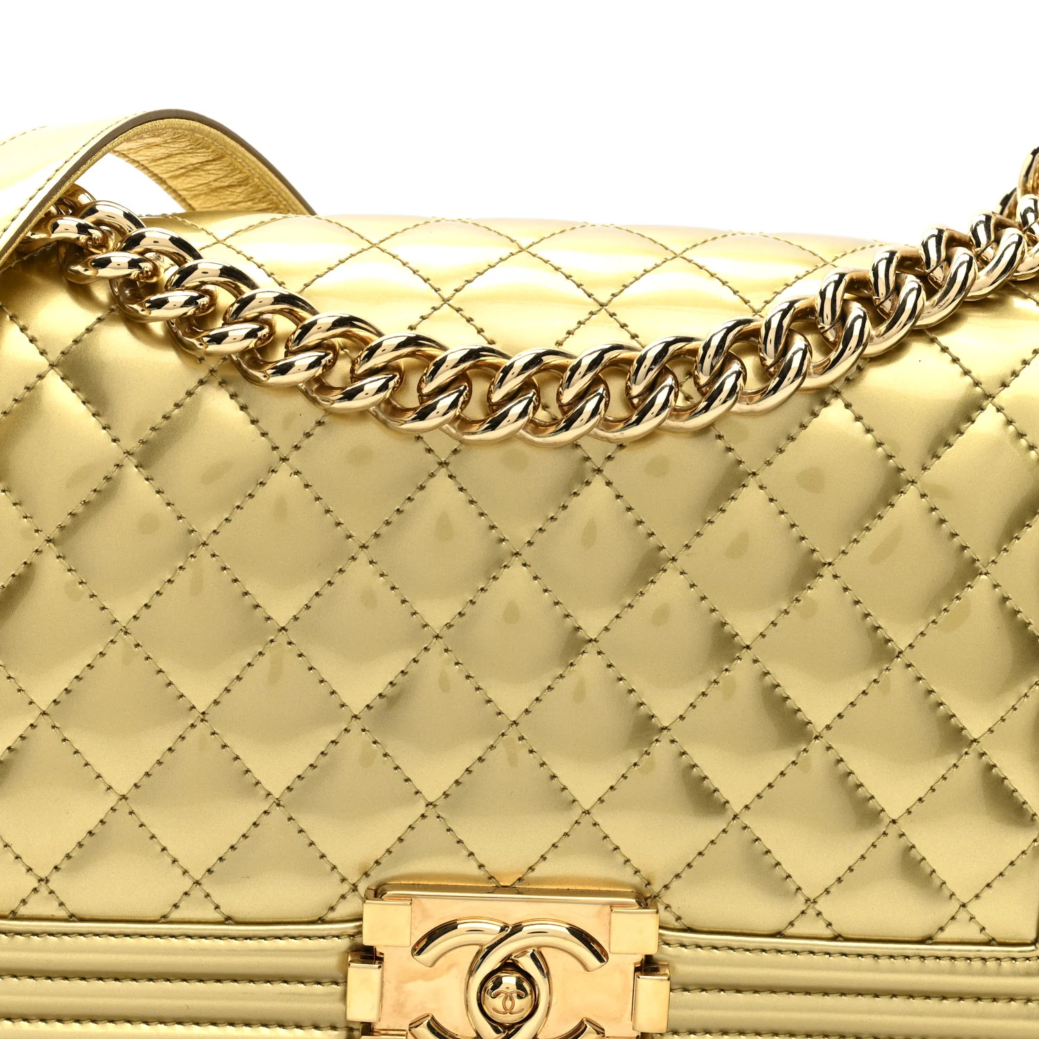 Metallic Patent Calfskin Quilted Medium Boy Flap Gold - Image 8