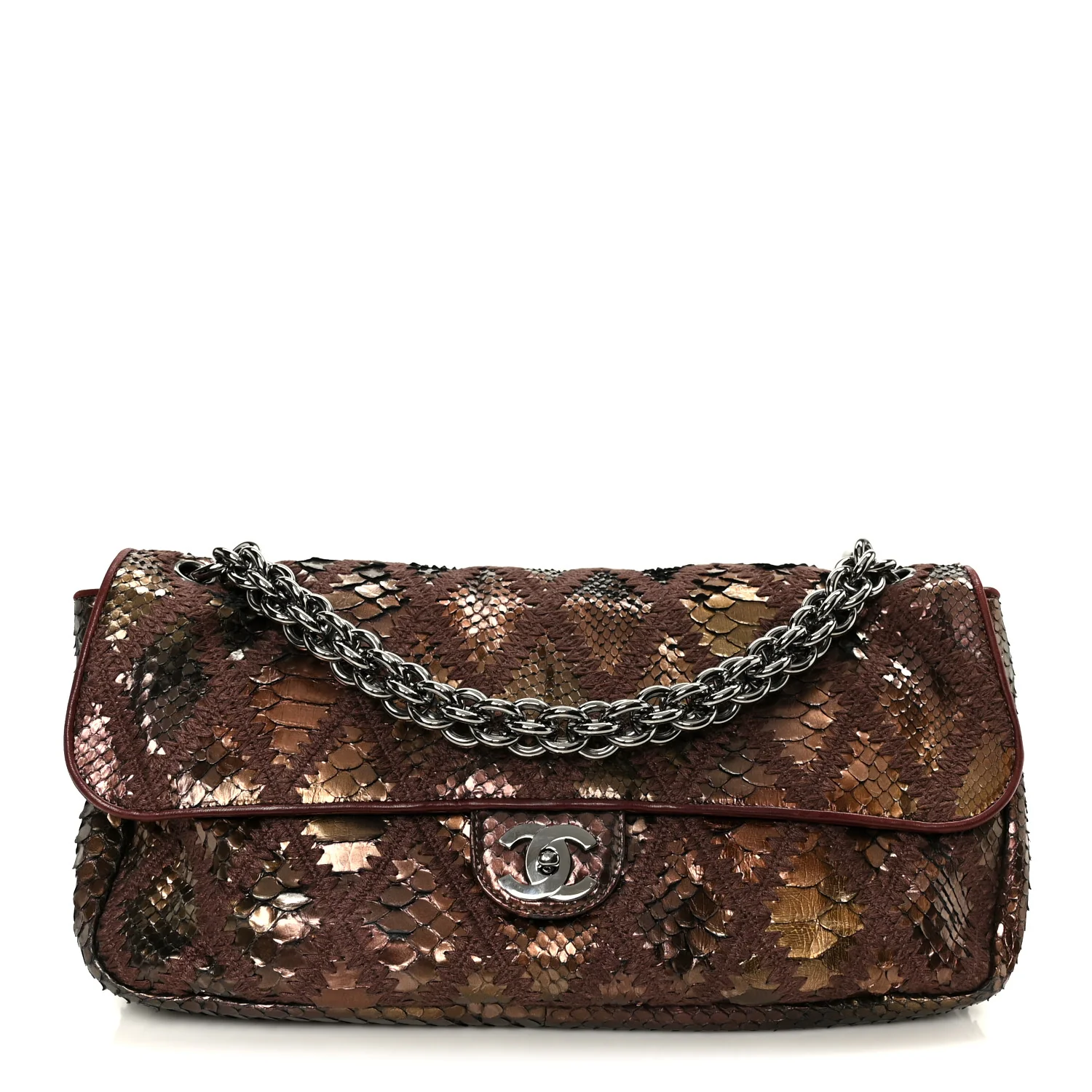 Metallic Snakeskin Crochet Soft and Chain Maxi Flap Burgundy Multicolor