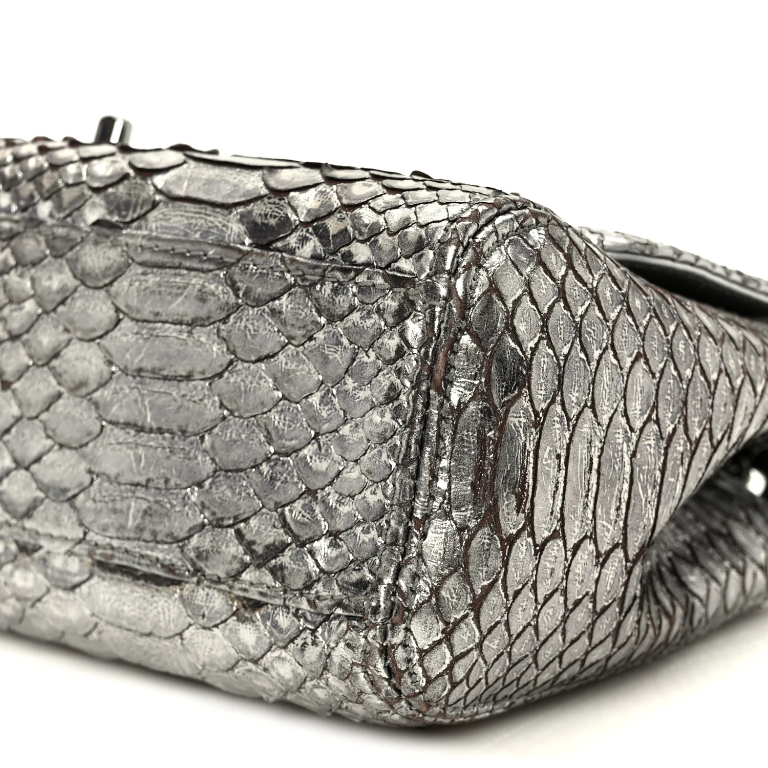Metallic Snakeskin Medium Single Flap Silver - Image 11