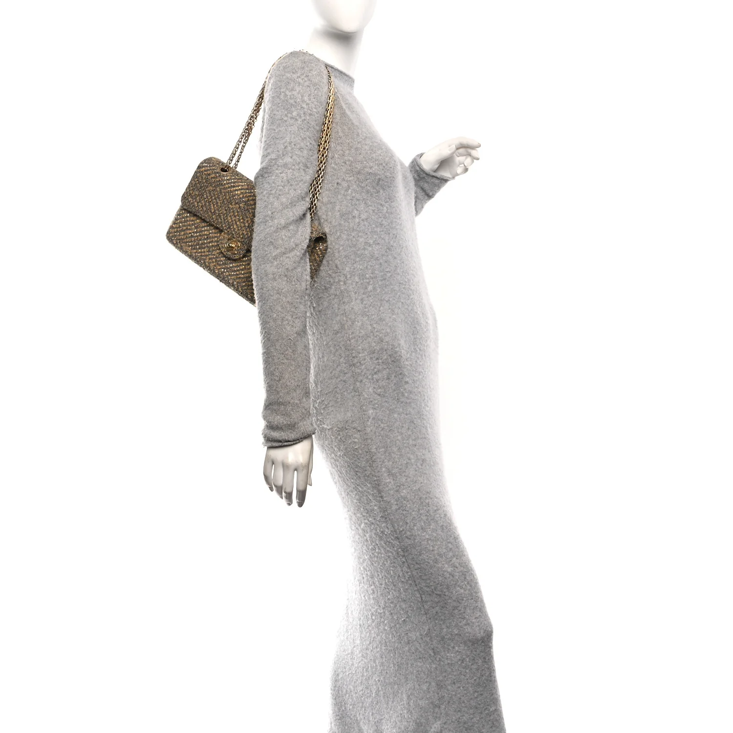 Metallic Tweed Quilted Medium Single Flap Beige Grey Gold - Image 2