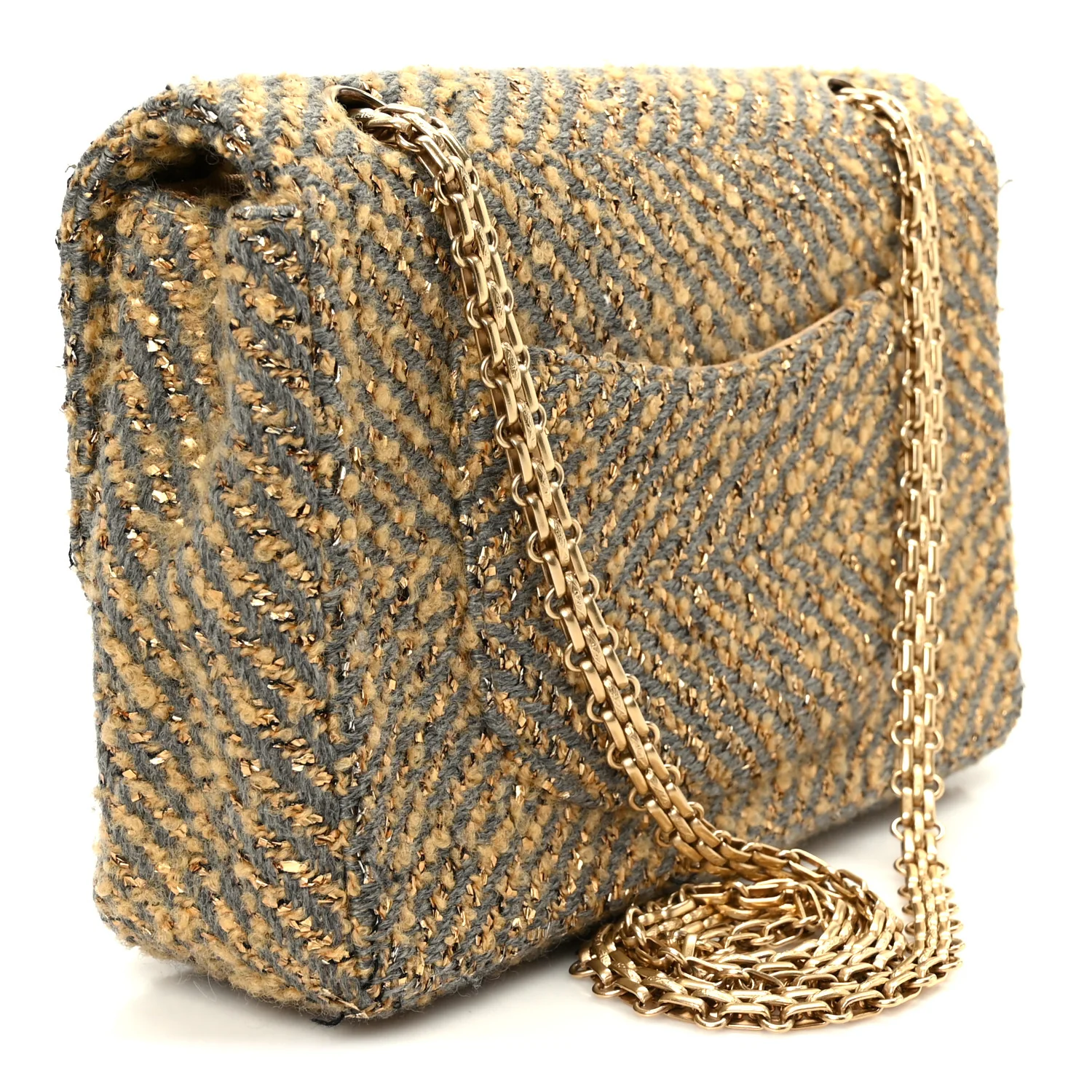 Metallic Tweed Quilted Medium Single Flap Beige Grey Gold - Image 3