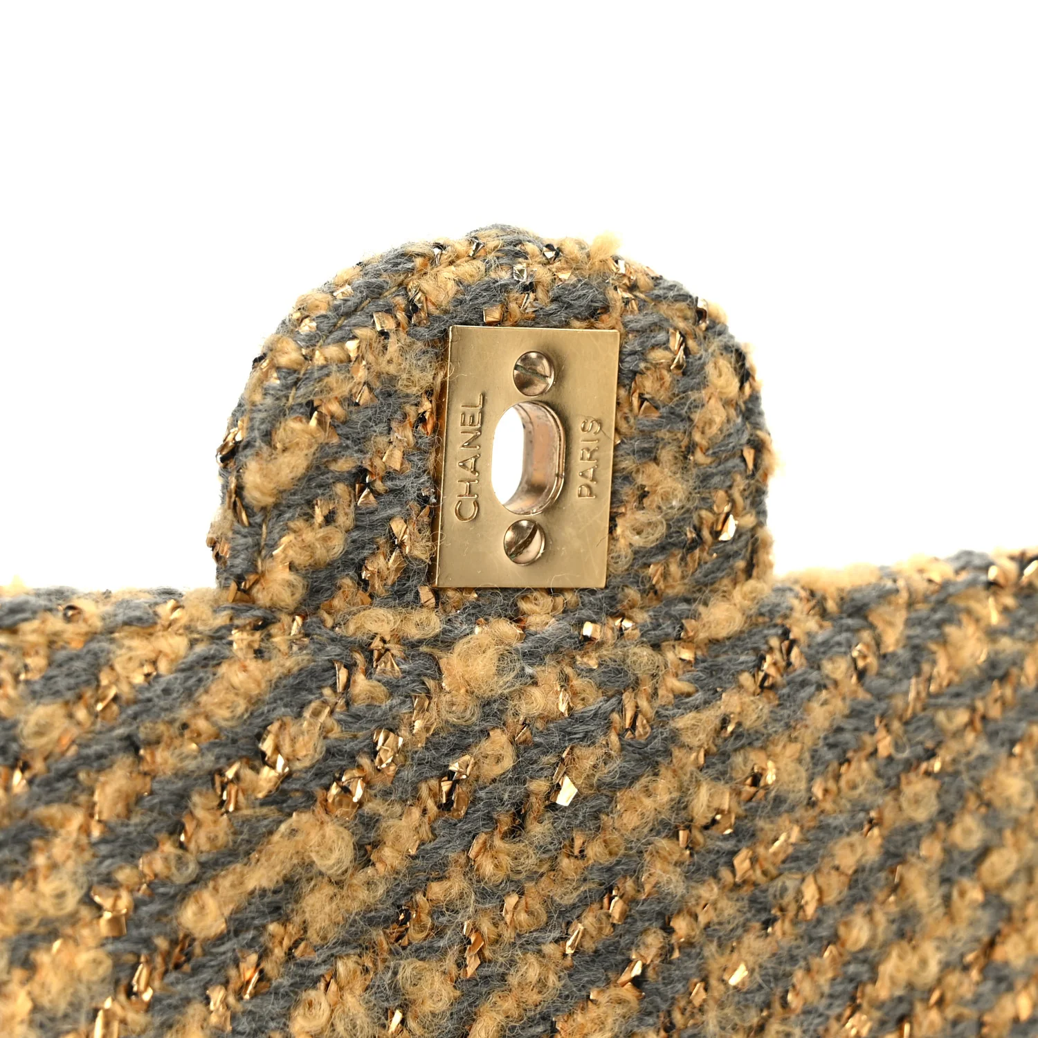 Metallic Tweed Quilted Medium Single Flap Beige Grey Gold - Image 7
