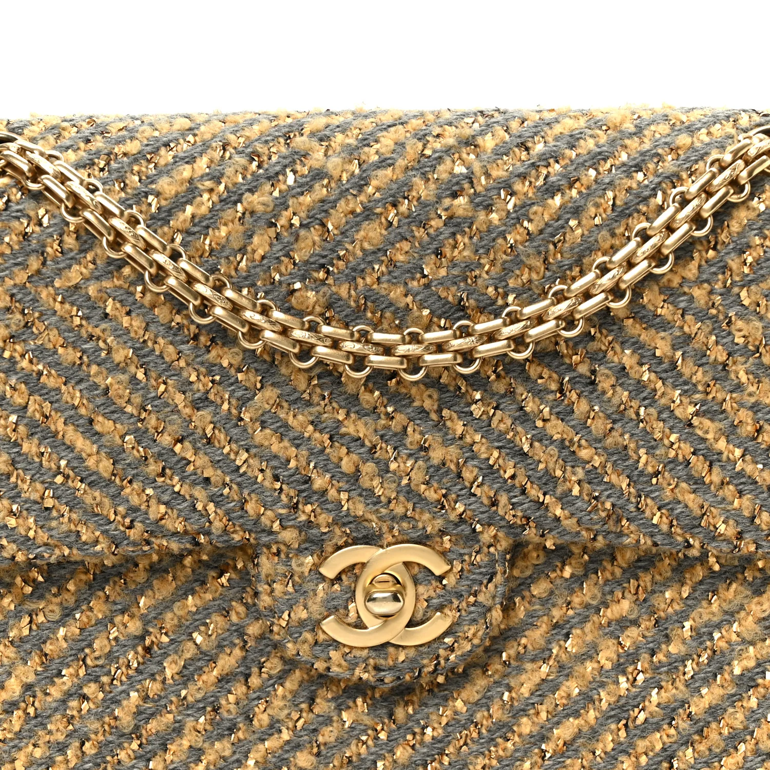 Metallic Tweed Quilted Medium Single Flap Beige Grey Gold - Image 9