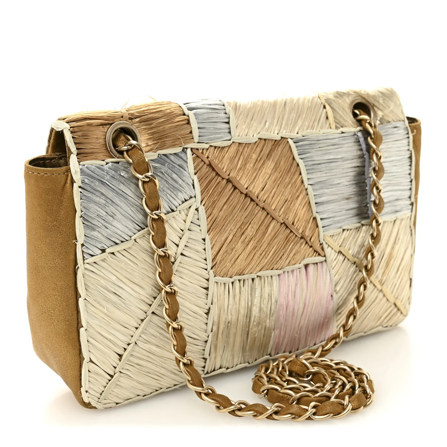 Metallic Woven Raffia Patchwork Single Flap Gold - Image 3