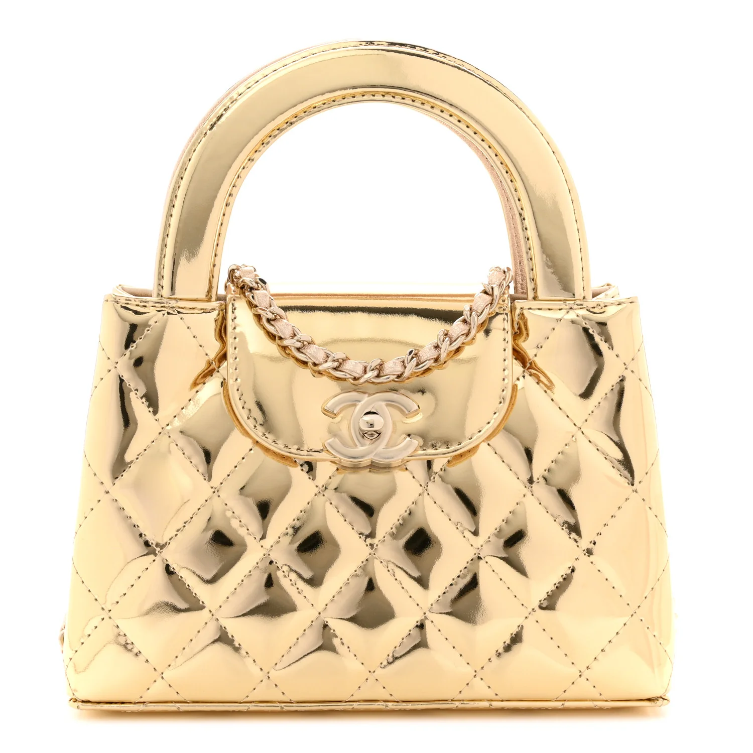 Mirror Calfskin Metallic Calfskin Quilted Nano Kelly Shopper Gold