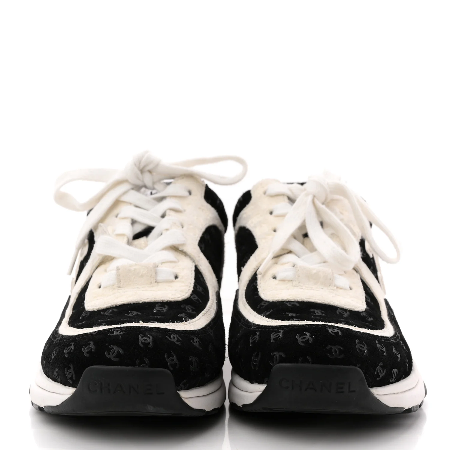 Nylon Suede Calfskin Printed CC Sneakers 36 White Black - Image 3