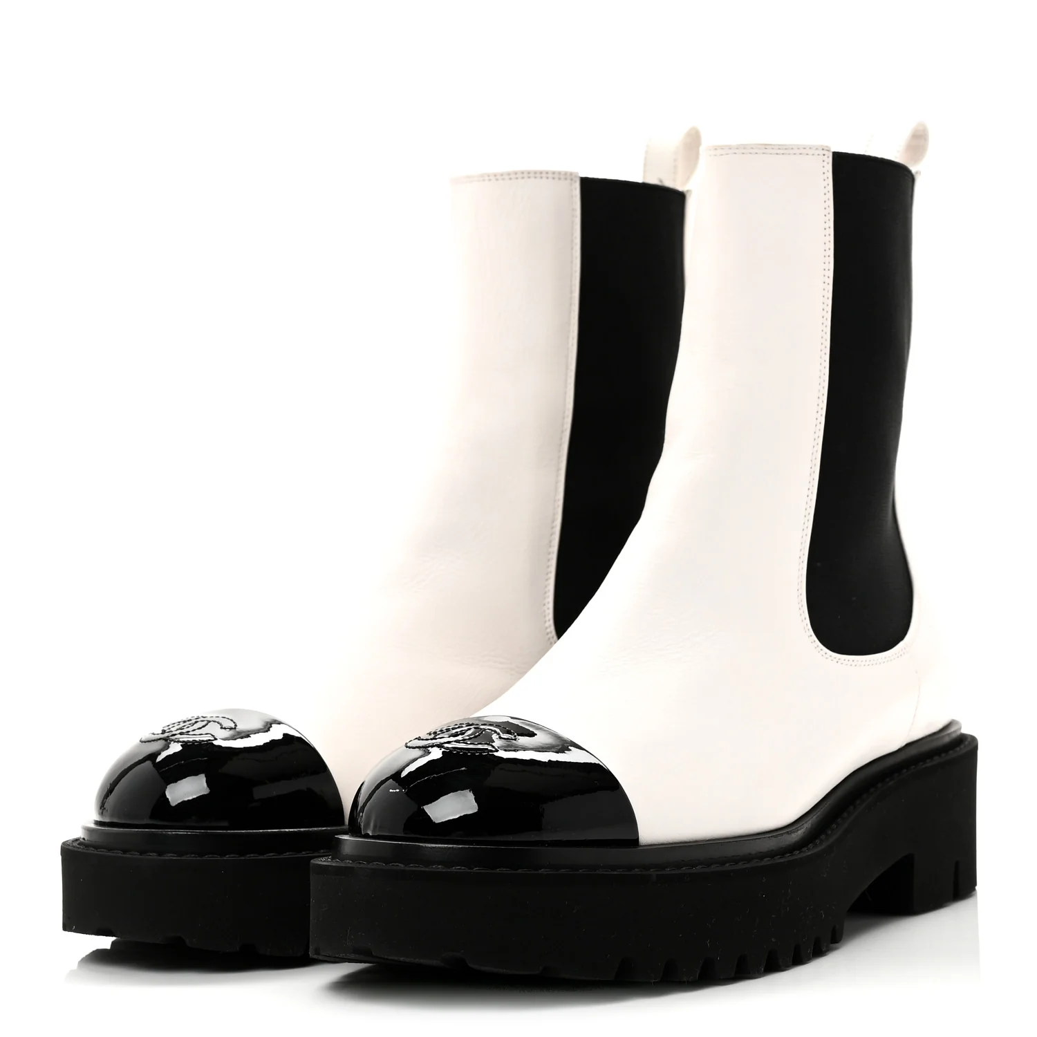 Patent Calfskin Cap Toe CC Ankle Boots 39 White Black - Image 3